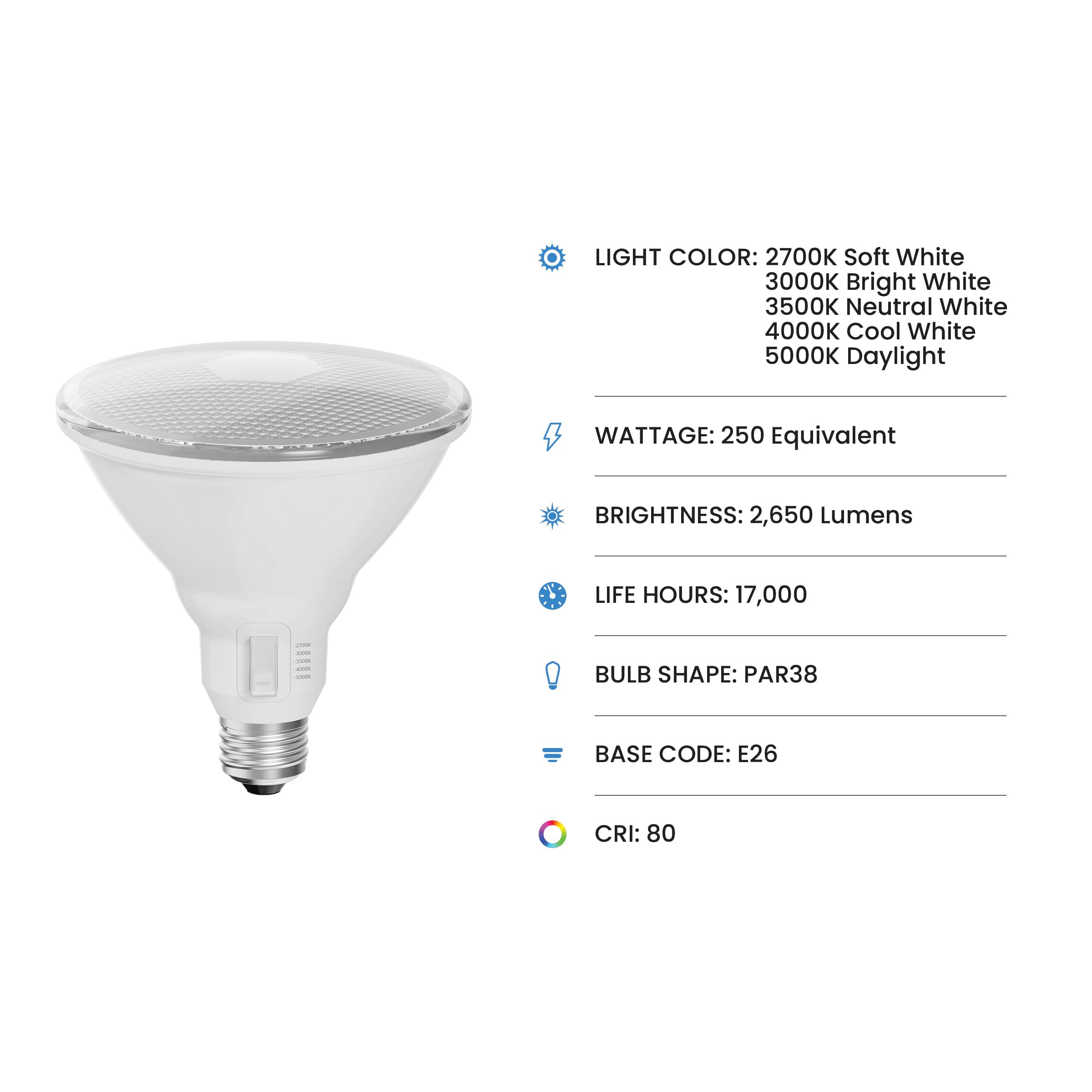 Feit Electric Par38 Led Reflector Light Bulb, 250W Equivalent, 5 Color Temperatures (Soft To Daylight), Dimmable, 2650 Lumens, O