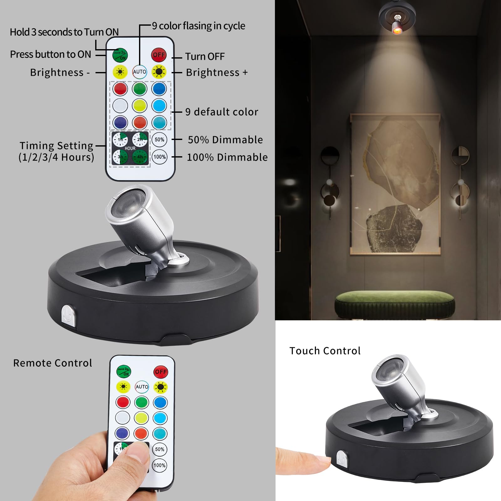 Hofuy Wireless Led Spotlight Battery Powered Picture Lights, Rgb Spot Lights Indoor, Dimmable Puck Lights With Remote, Stick On
