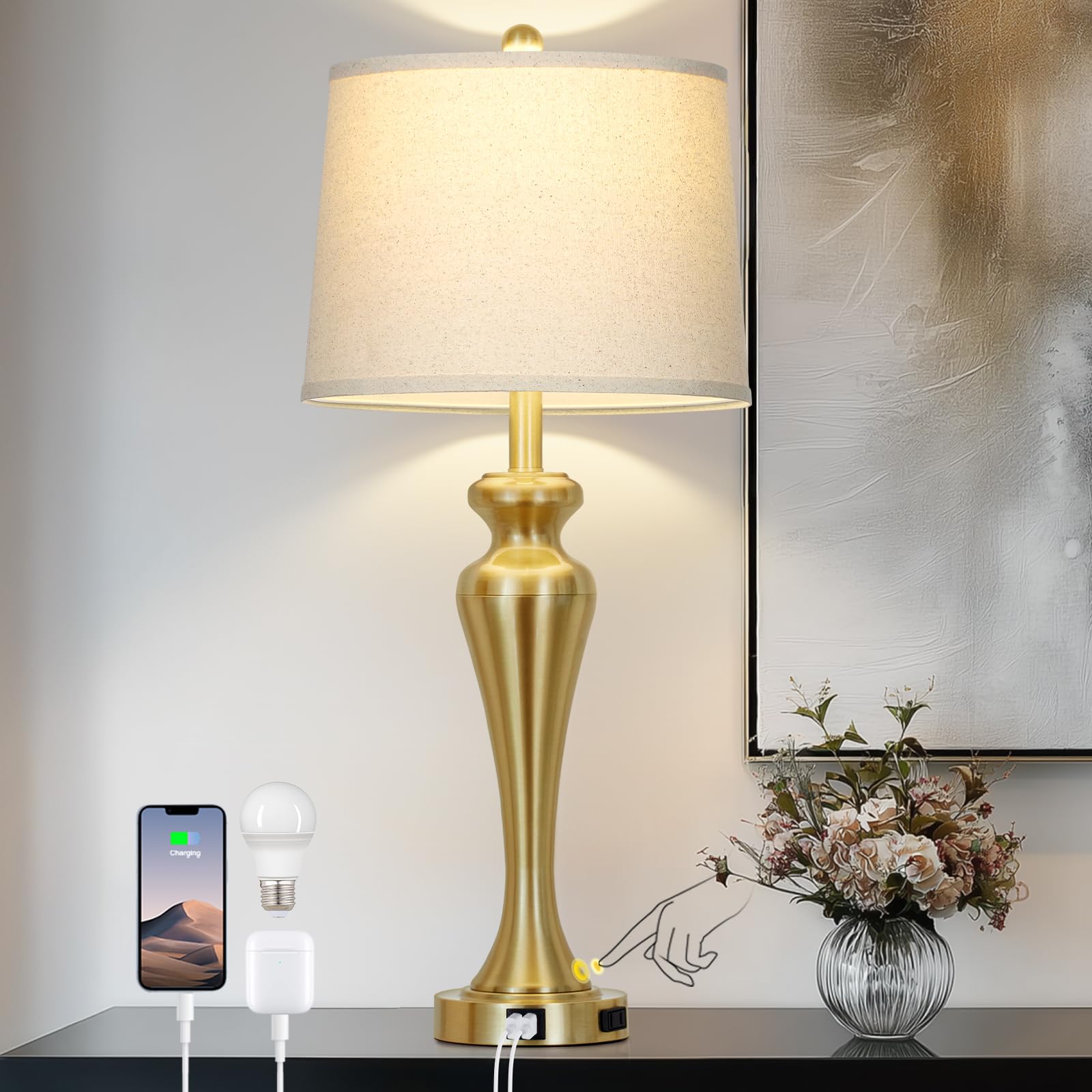 CINSARY 30 Inch Tall Gold Table Lamp Single for Living Room  Touch Control Bedside Lamp for Nightstand  3-Way Dimmable Bedroom Lamps with USB A+C Ports and AC Outlet  Metal Brass Table Lamps