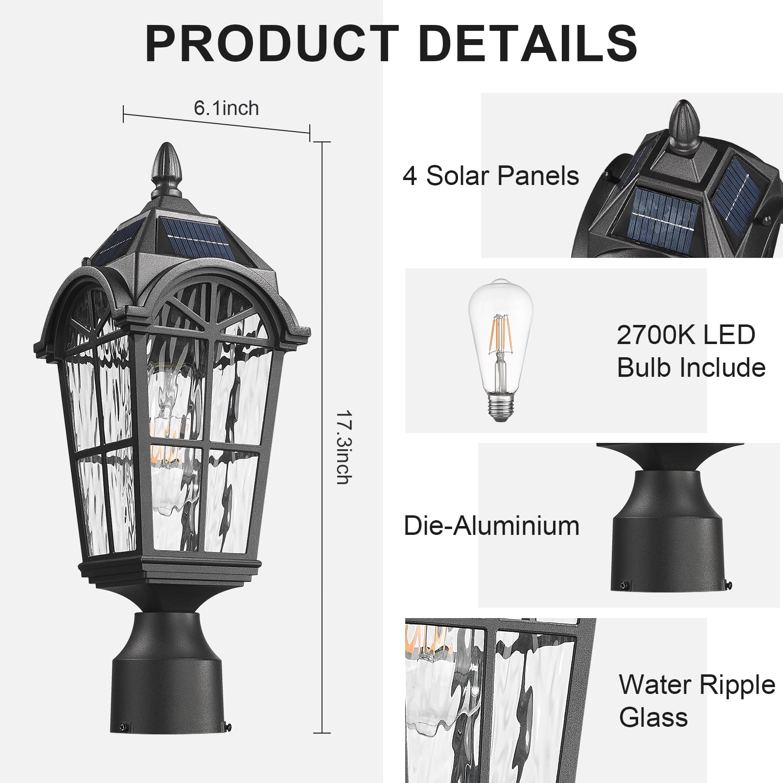Starcurin Solar Powered Outdoor Post Light with Remote Control, Aluminum, Weatherproof, Dusk to Dawn, 9Y3P Model