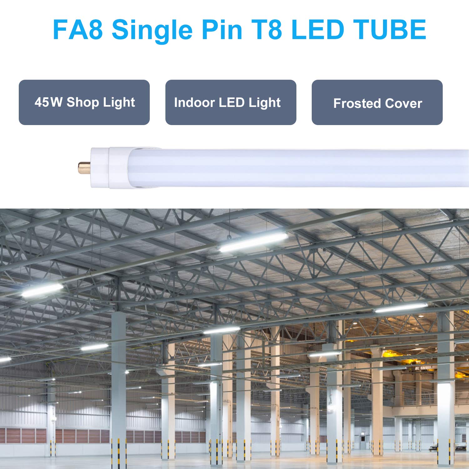 LIGHEART 8FT FA8 Single Pin LED Bulbs - 45W, 5000K Daylight, 5400LM, Ballast Bypass, 12 Pack, Frost