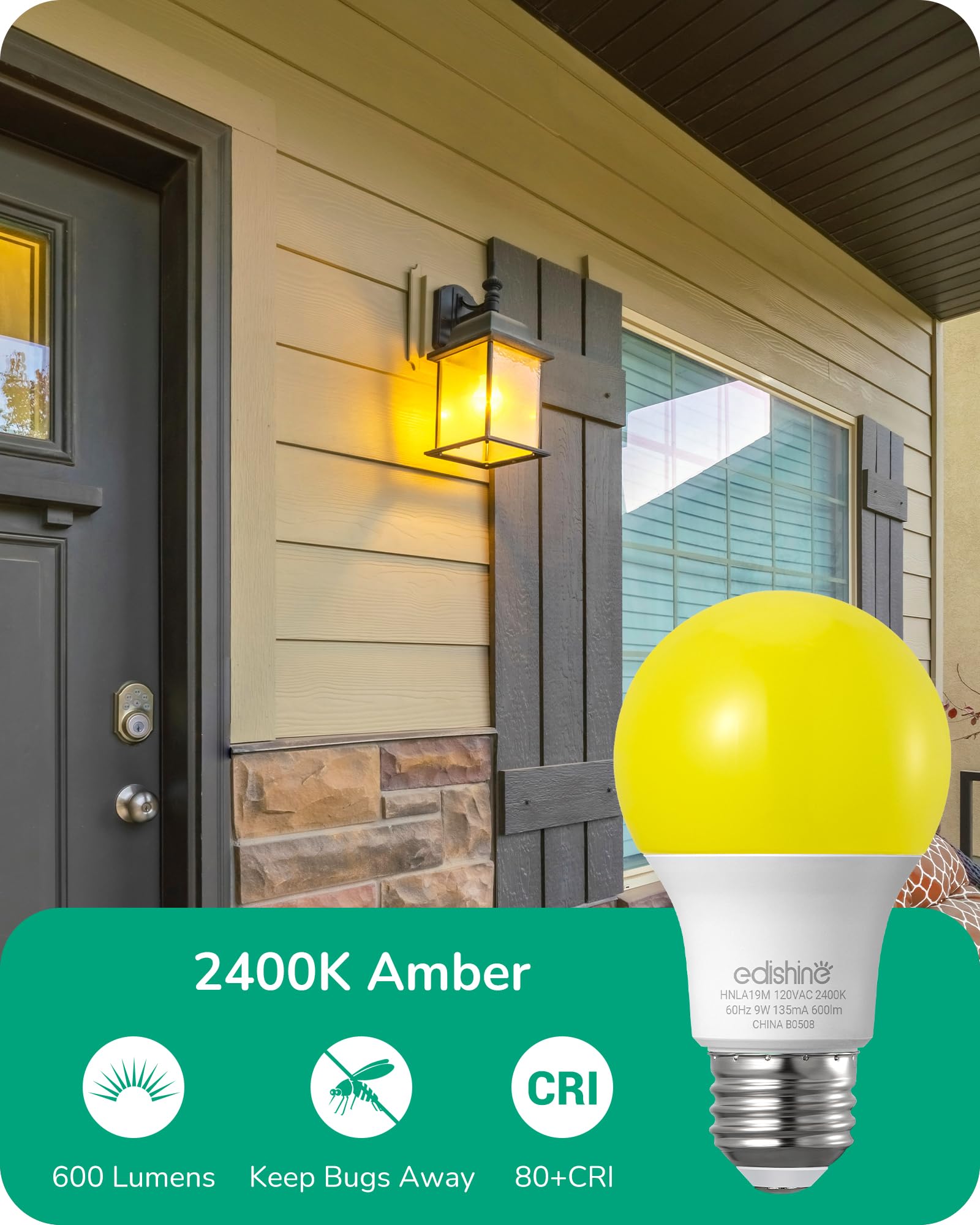 Edishine A19 Yellow Light Bulbs, 9W(60W Equivalent), 600Lm 2400K Amber Glow Outdoor Bug Light Bulbs, Non-Dimmable, E26 Medium Ba