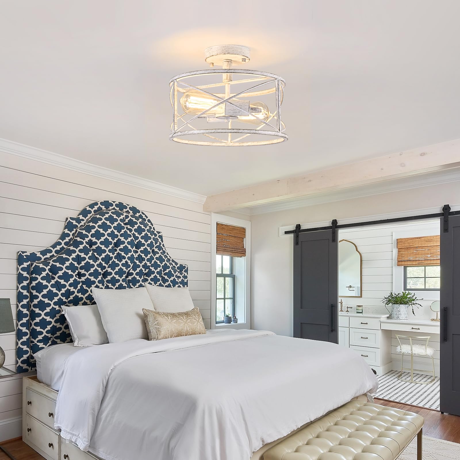 WELTRANS 2-Light Metal Cage Flush Mount Ceiling Light Fixture, White, Model JH6793-2PW, Ideal for Hallway, Bedroom, Kitchen, Living Room