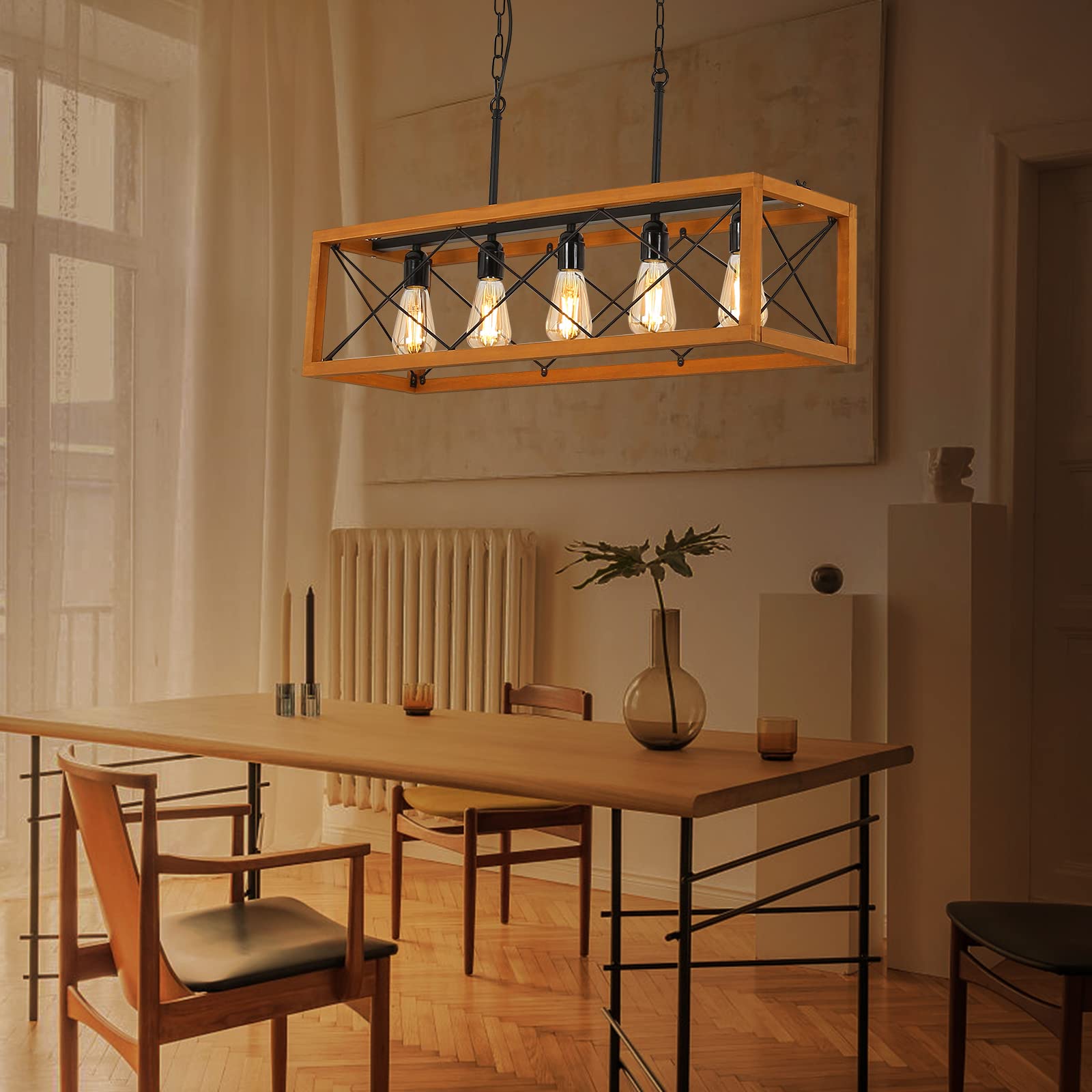 COSYLUX Rustic Farmhouse Chandelier - 5 Light Wood Linear Pendant with Detachable Plug for Dining Room & Pool Table, Black Finish