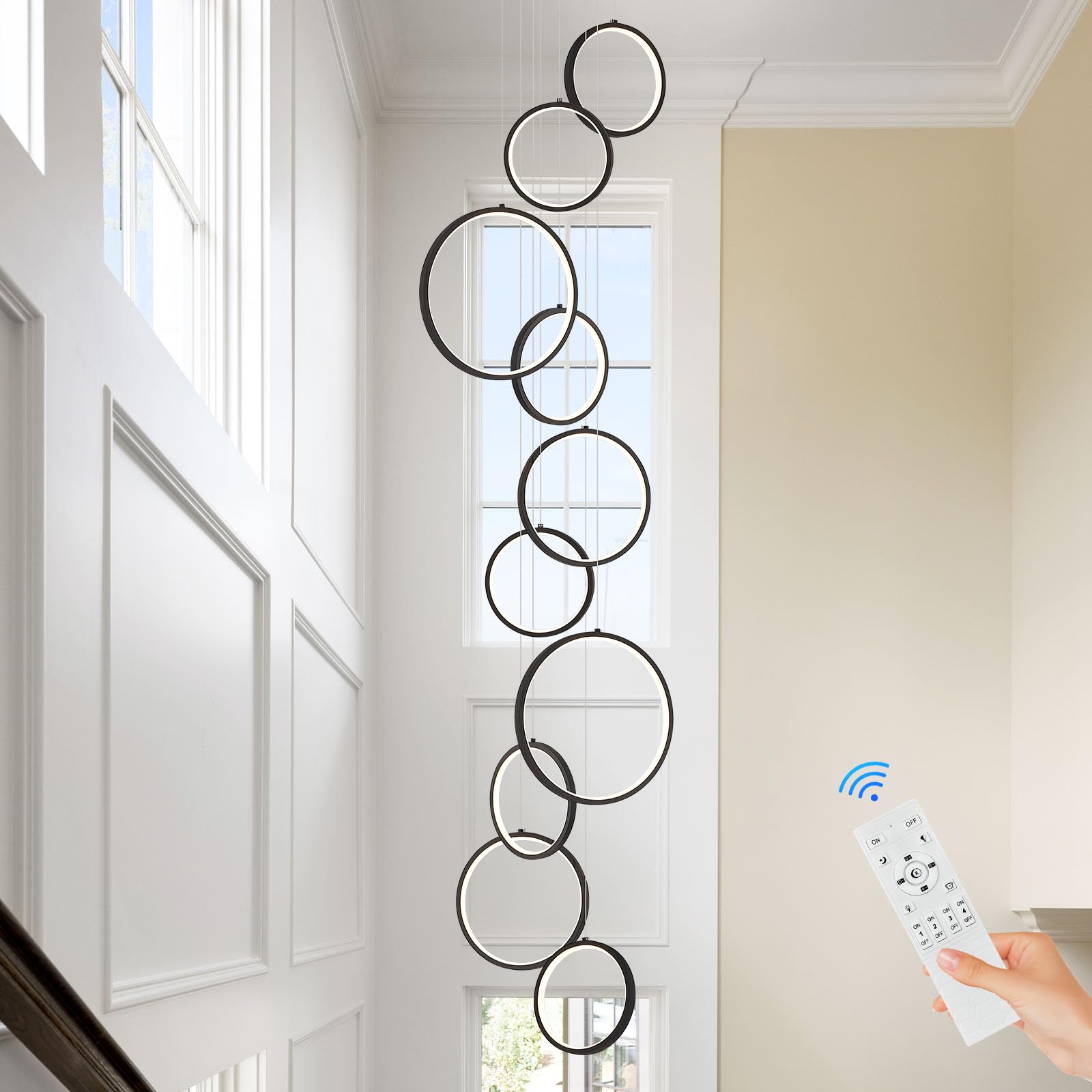 Sparklelf 10 Rings Modern Led Chandelier For High Ceiling Dimmable Black Contemporary Pendant Light Fixture Long Foyer Chandelie