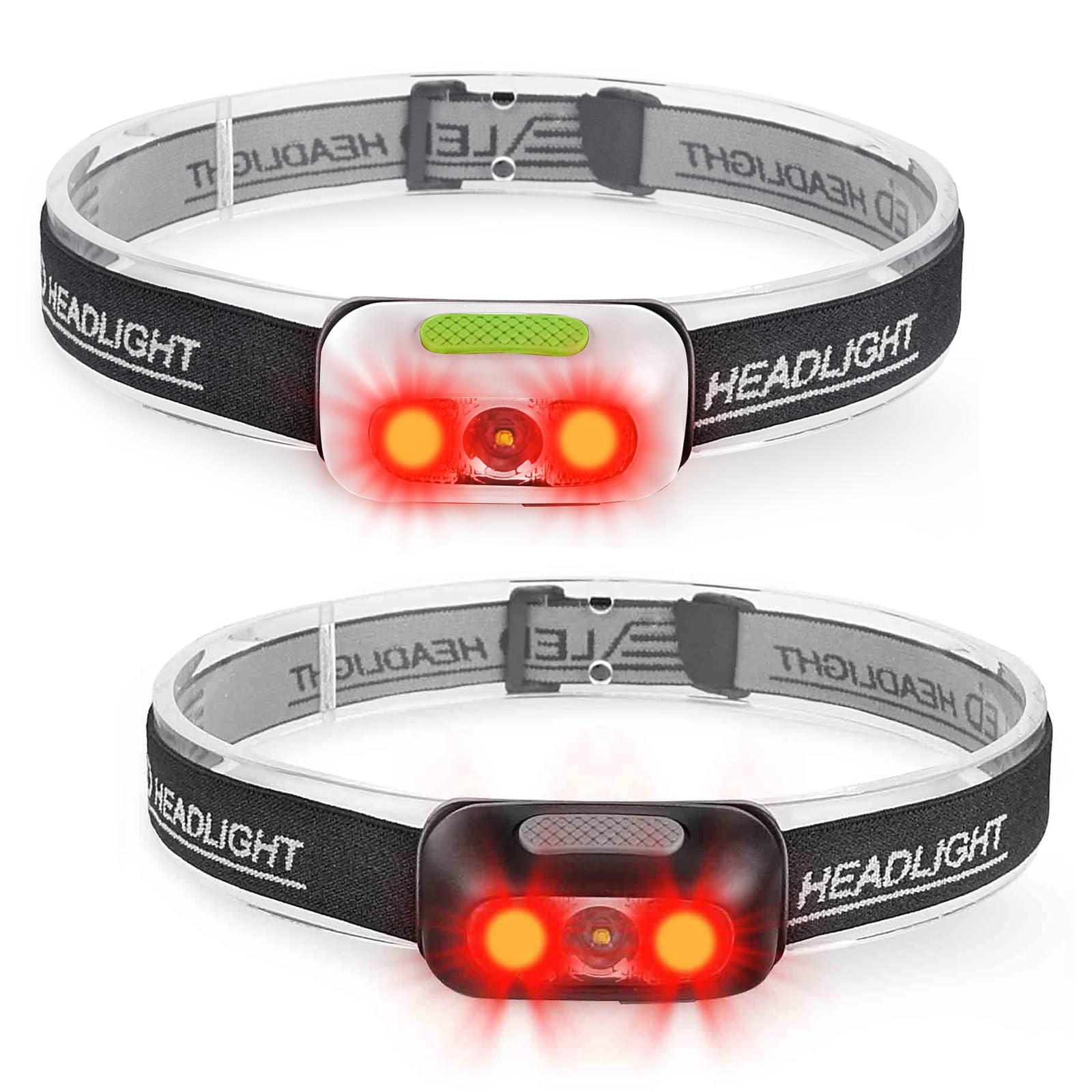 Geekhigh 500 Lumen Rechargeable Headlamp, 5 Modes, IP54 Water-Resistant, Adjustable Strap, 1 Pack White + 1 Pack Black, Model HL14wb.US
