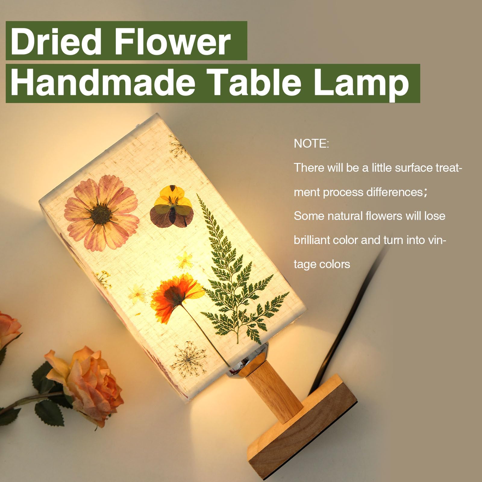 Floresita Dried Flowers Table Lamp 5W Led Pressed Flower Bedside Lamp Square Linen Shade 3Color Temperatures Table Lamp With Woo