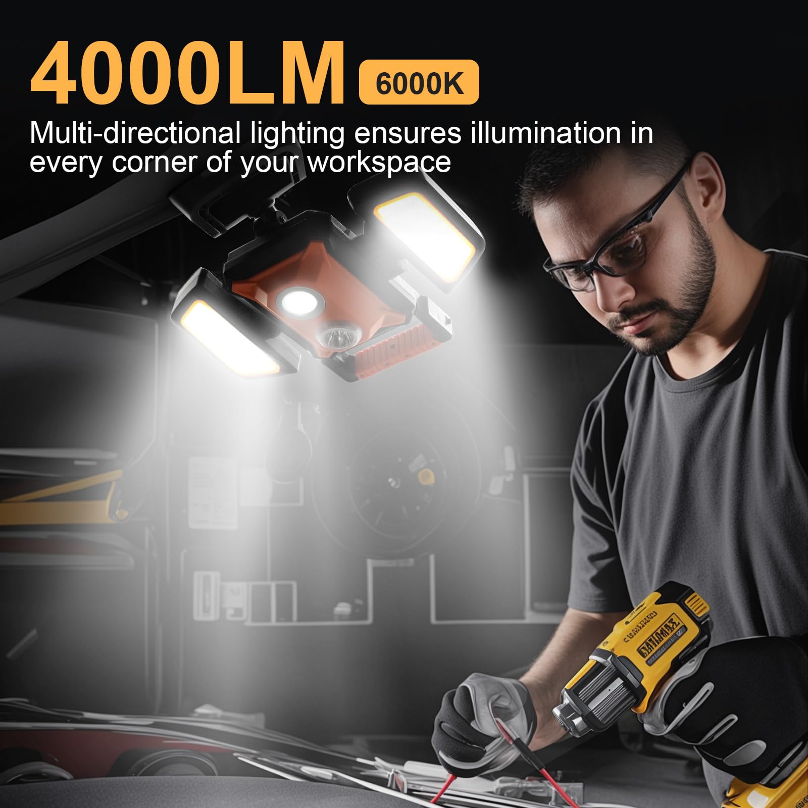 Tresda 4000Lm Led Work Light Rechargeable With Clamp, 40W Magnetic Work Light Battery Powered With 5 Light Modes, 350? Rotation,