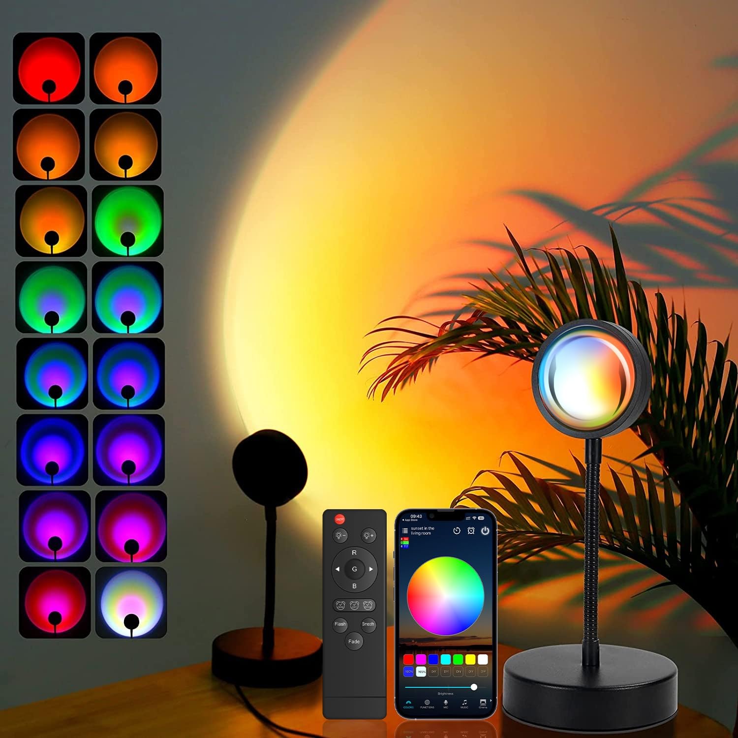JIMEI Sunset Lamp Projector LED Lights, Multicolor, Small, Stainless Steel, Model SUNLAMP-P, 360° Rotation, Mood Lighting for Home Decor