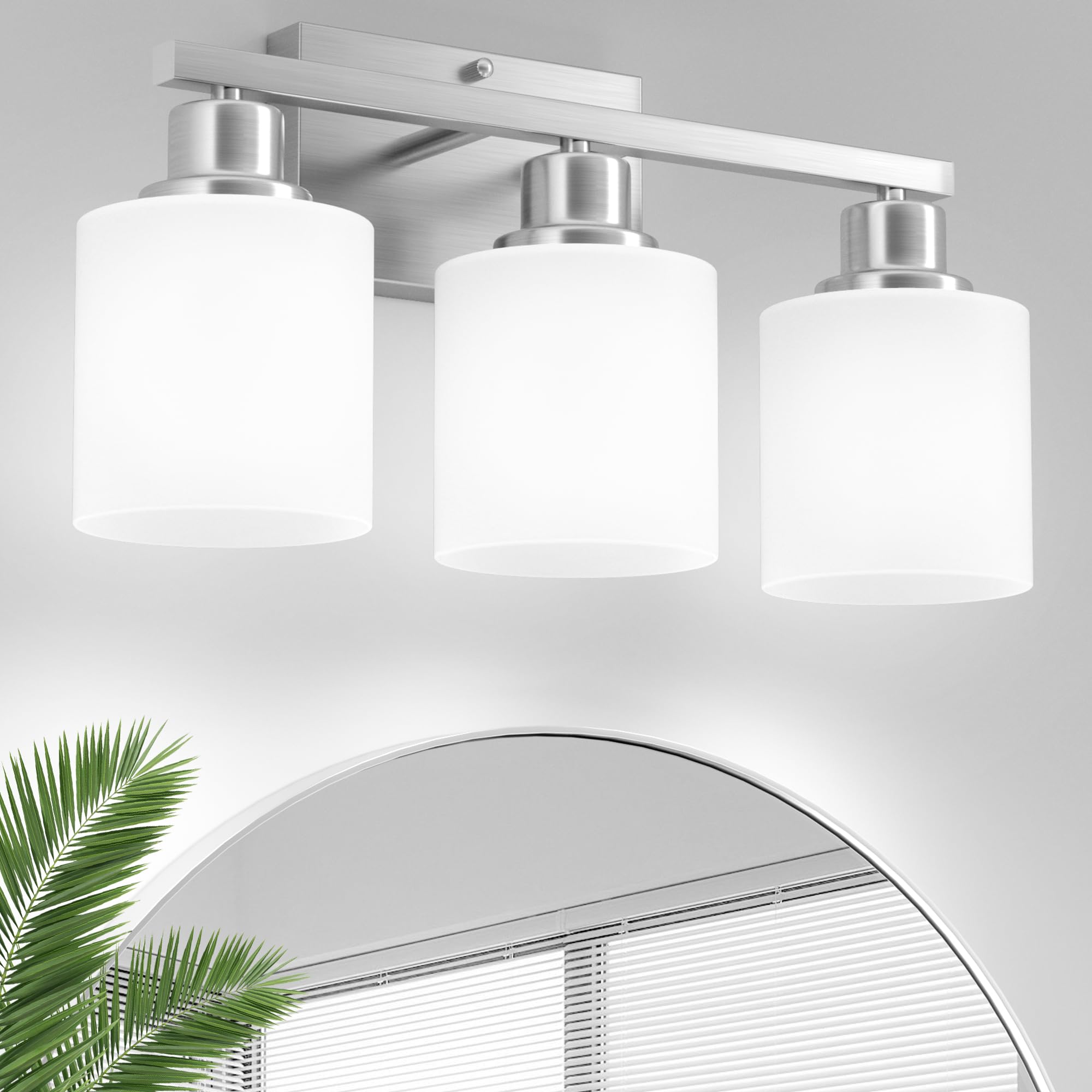 Dekang 3-Light Bathroom Vanity Light, Brushed Nickel Over Mirror Sconce With White Glass Shades