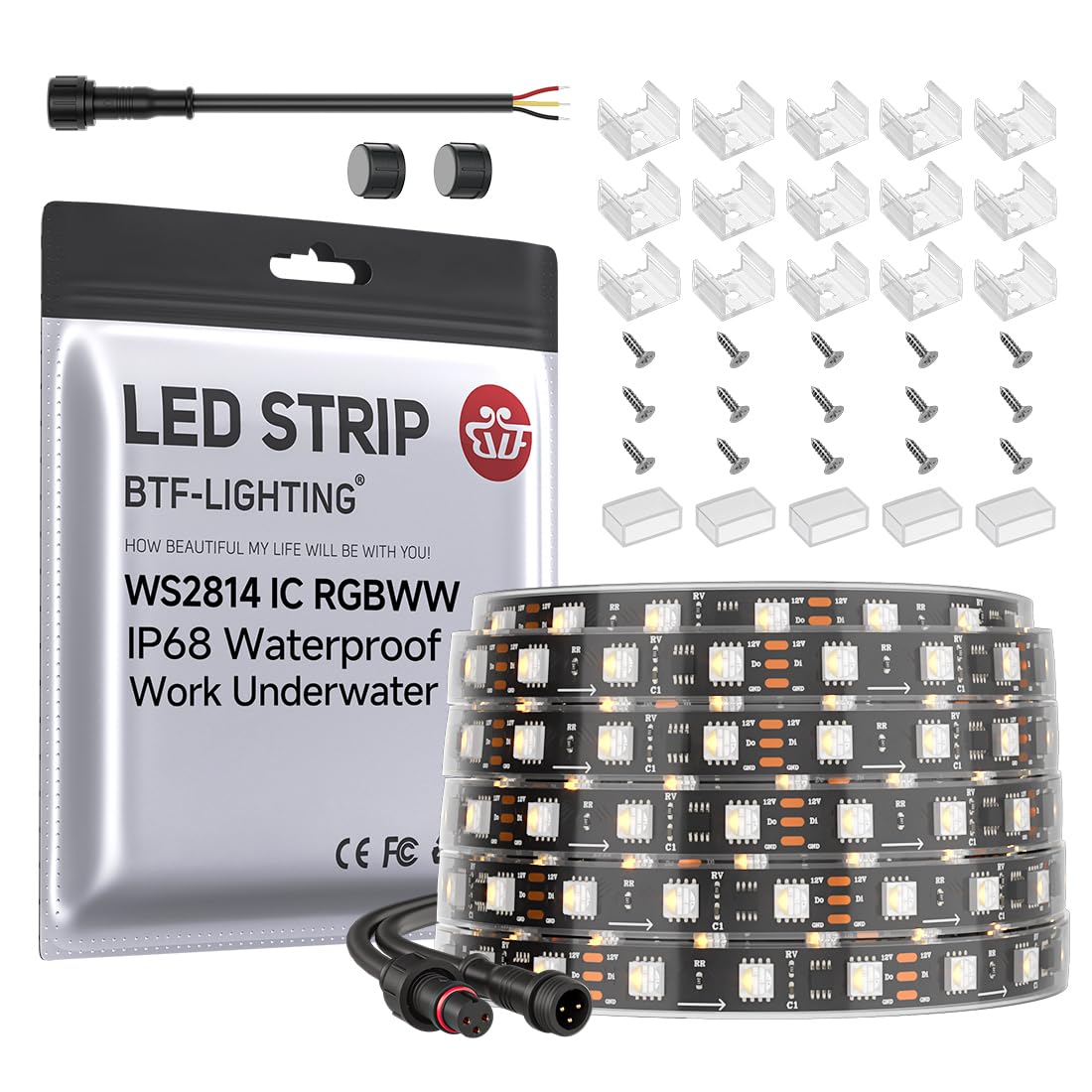 BTF-LIGHTING IP68 Waterproof Outdoor WS2814 RGBW IC LED Strip RGB+Warm White(3000K)Addressable Dream Color 5050SMD Light DC12V 1