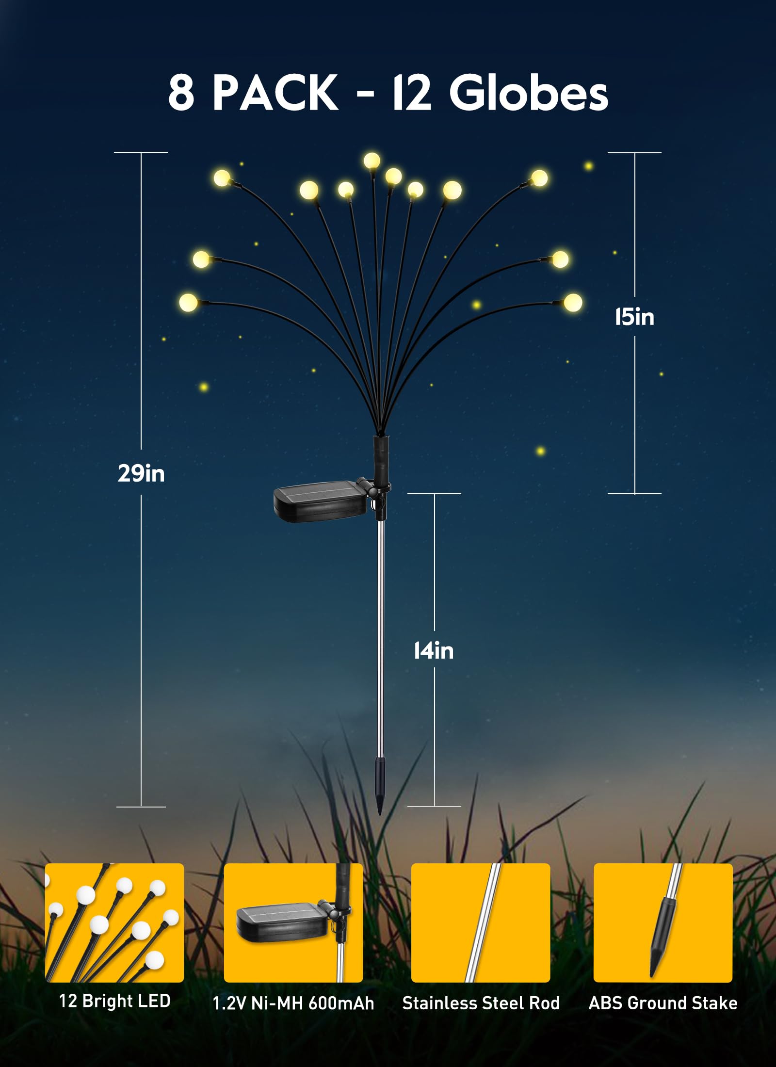 Solar Garden Lights - 8 Pack 12 Led Solar Firefly Lights With 2 Lighting Mode, Sway By Wind, Waterproof Solar Decorative Lights,