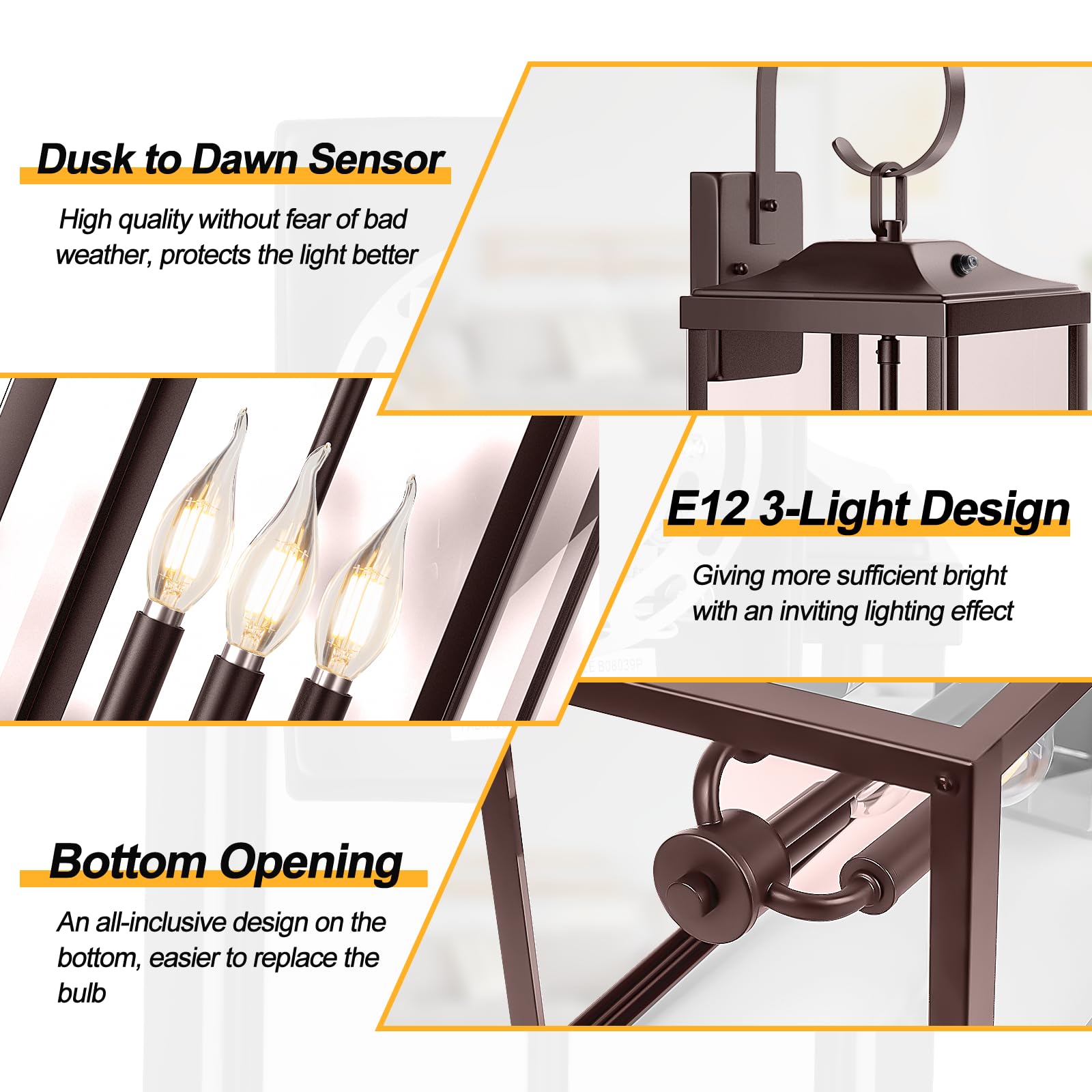 Yolsunes 2-Pack 24" Extra Large Outdoor Porch Lantern, Waterproof Oil Rubbed Bronze Wall Sconce, Metal Dusk to Dawn Light Fixture