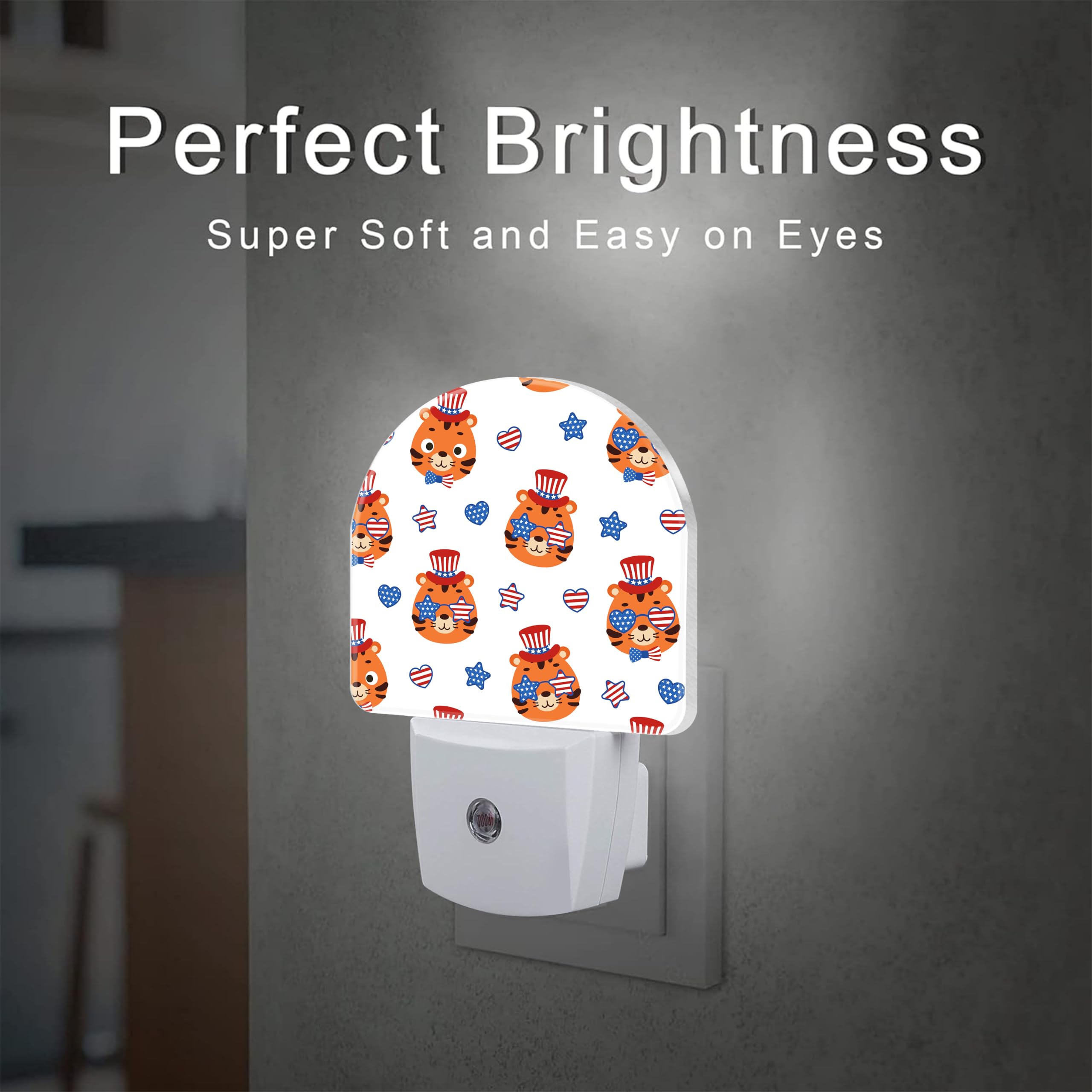 American Flag And Cute Tigers Night Light Plug Into Wall, Cartoon Animals Patriotic Dusk To Dawn Night Light,0.5W Energy Saving