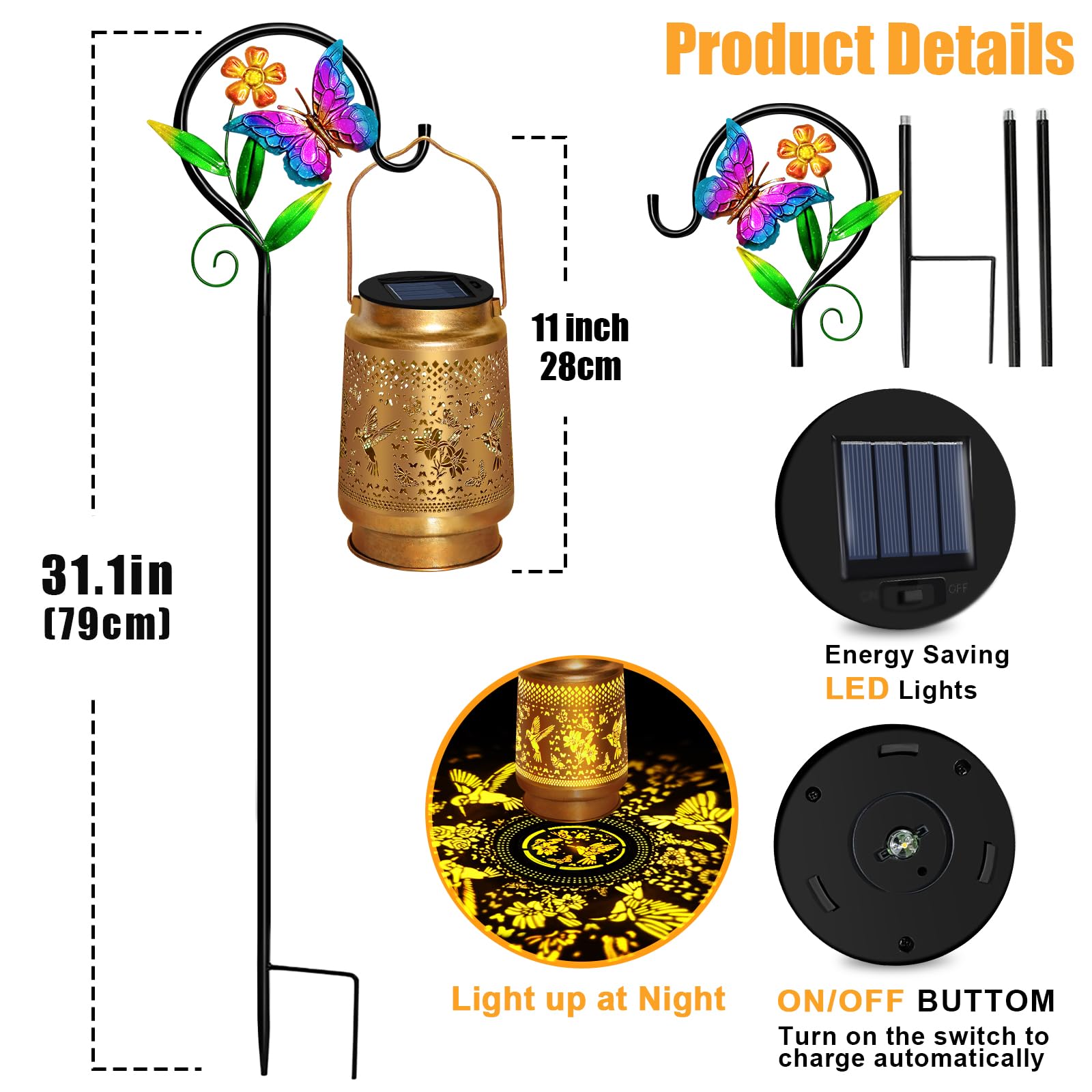 Hummingbird Solar Lantern With Butterfly Shepherd Hook  Mom Gifts For Mothers Day & Birthday  Hummingbird & Butterfly Design  Outdoor Waterproof Metal Decor For Yard  Patio  Porch  Lawn & Tabletop