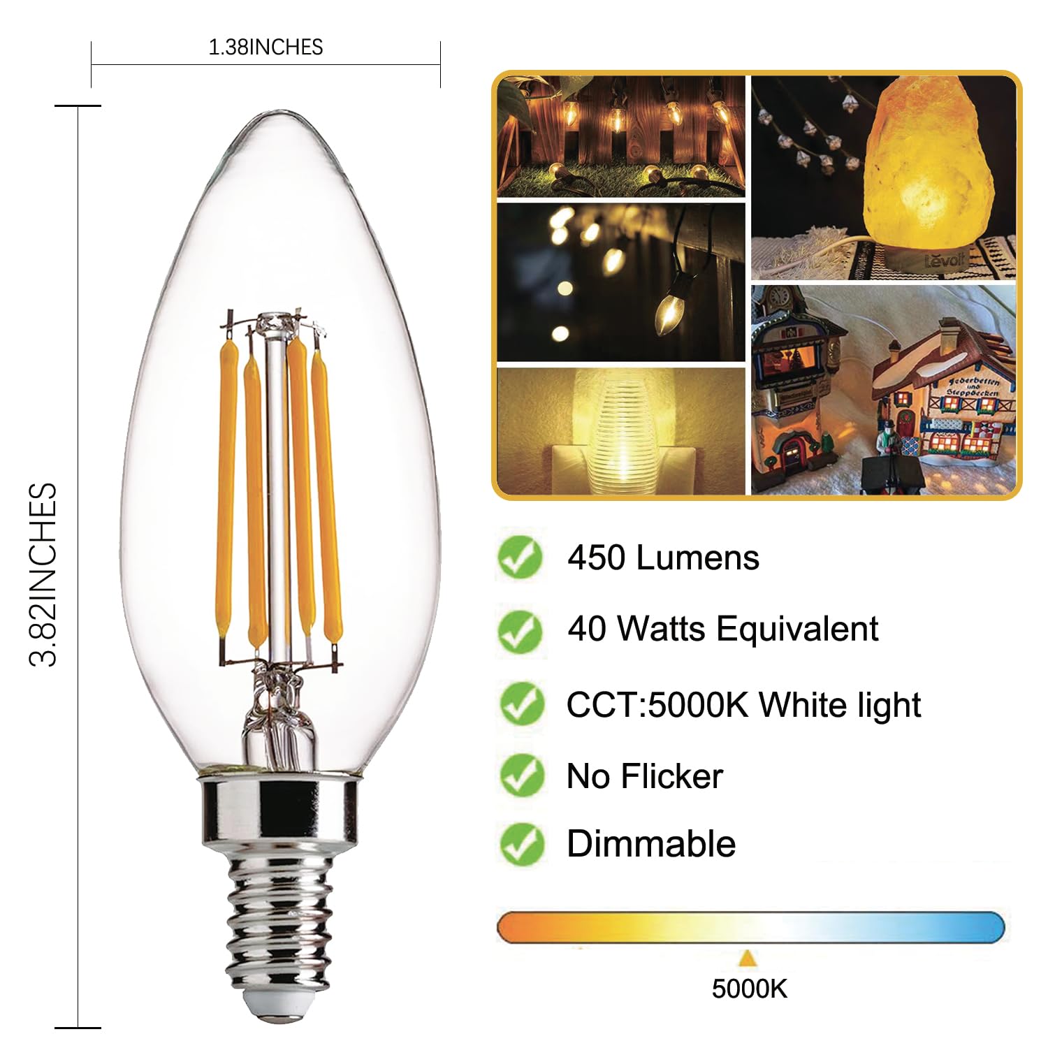 H&D home interchanges E12 LED Light Bulbs Dimmable 5000K Daylight White 4W 12 Pack Glass Filament Candle Bulbs