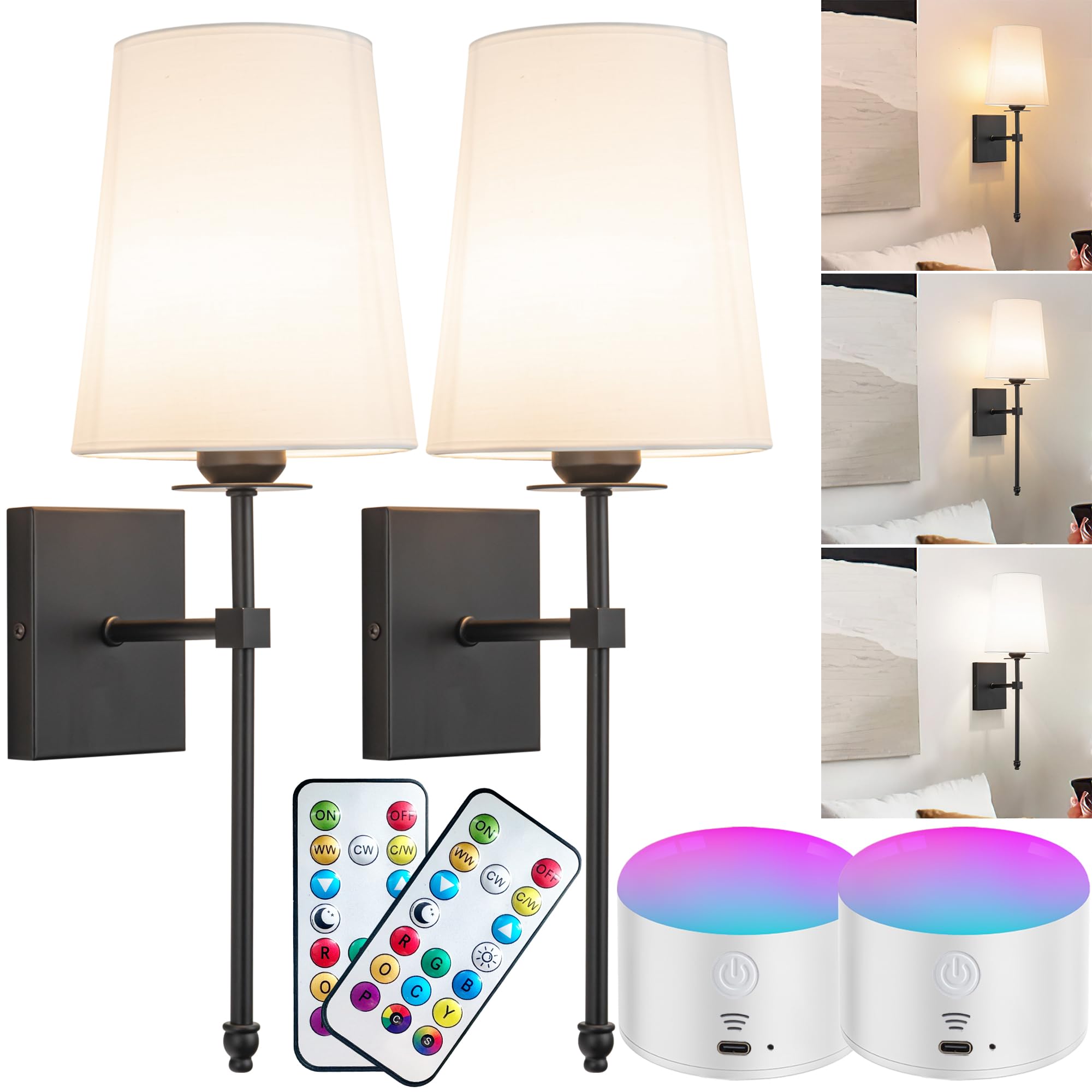 Vimhou Slim Battery Operated Wall Sconce Set Of Two, Dimmable White Fabric Shade With Remote