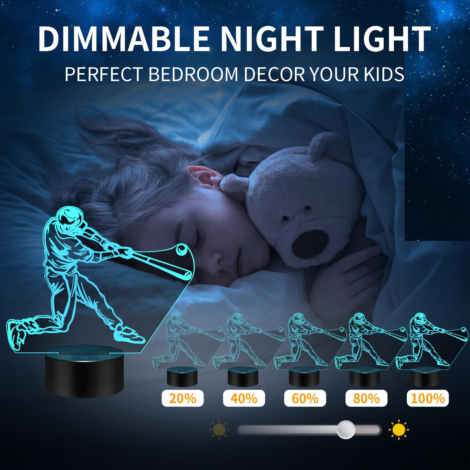 Bassi Gifts 3D Night Light,16 Colors Changing Touch/Remote Contro, Baseball 3D Illusion Lamp, Birthday Christmas Gifts For Boys