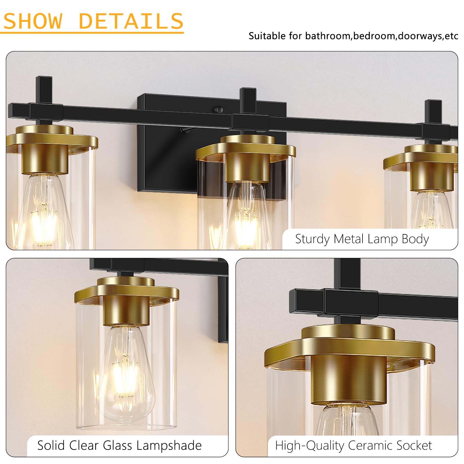 Spiglamm 3-Lights Black And Gold Bathroom Light Fixtures Over Mirror, Modern Brushed Gold Vanity Lights For Bathroom, Sconces Wa