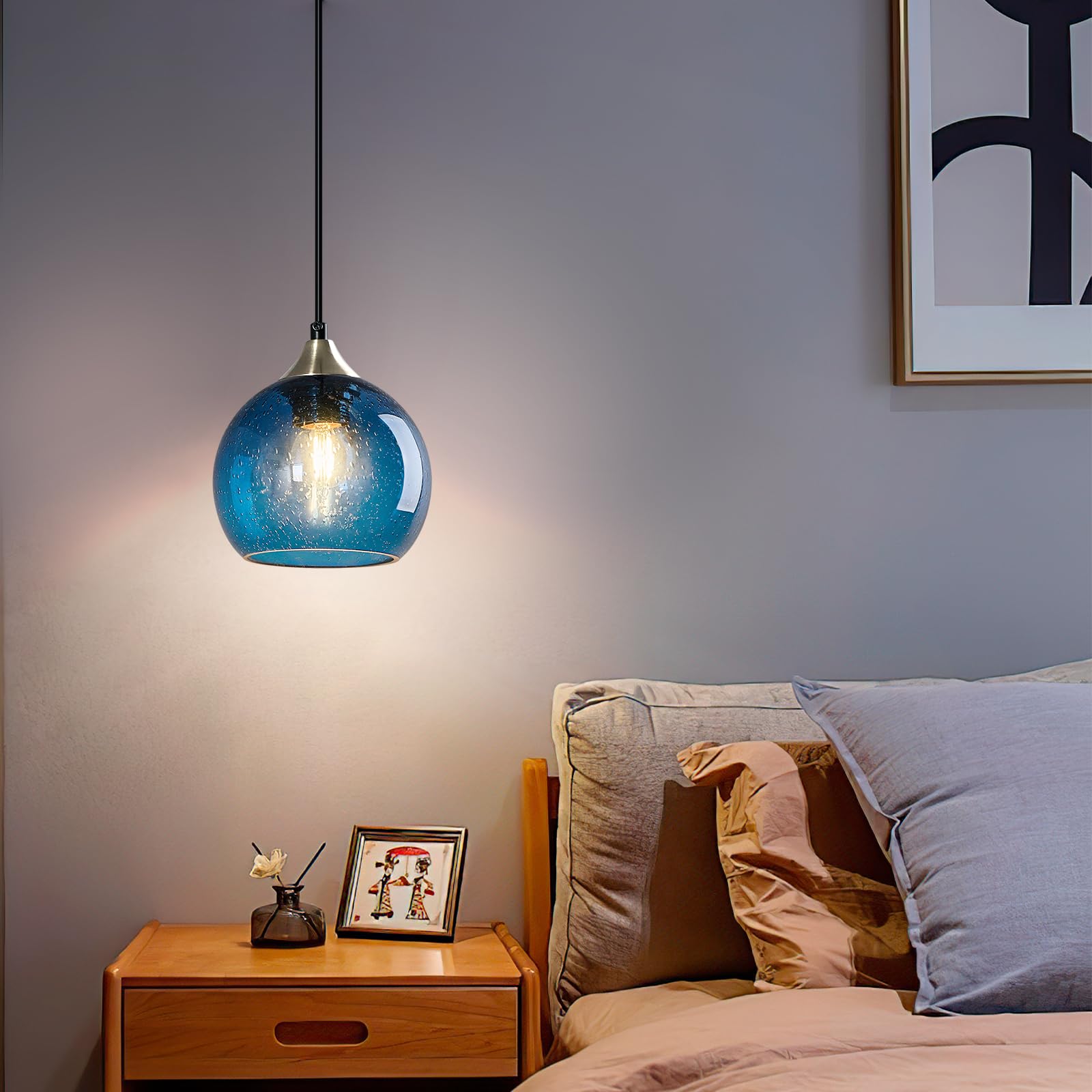 Lbsqj Blue Glass Pendant Lights Kitchen Island Lighting Globe Pendant Light Fixtures Modern Pendant Lighting For Kitchen Island Bedroom Living Dining Room Light Fixture(5.9In  1-Pack)