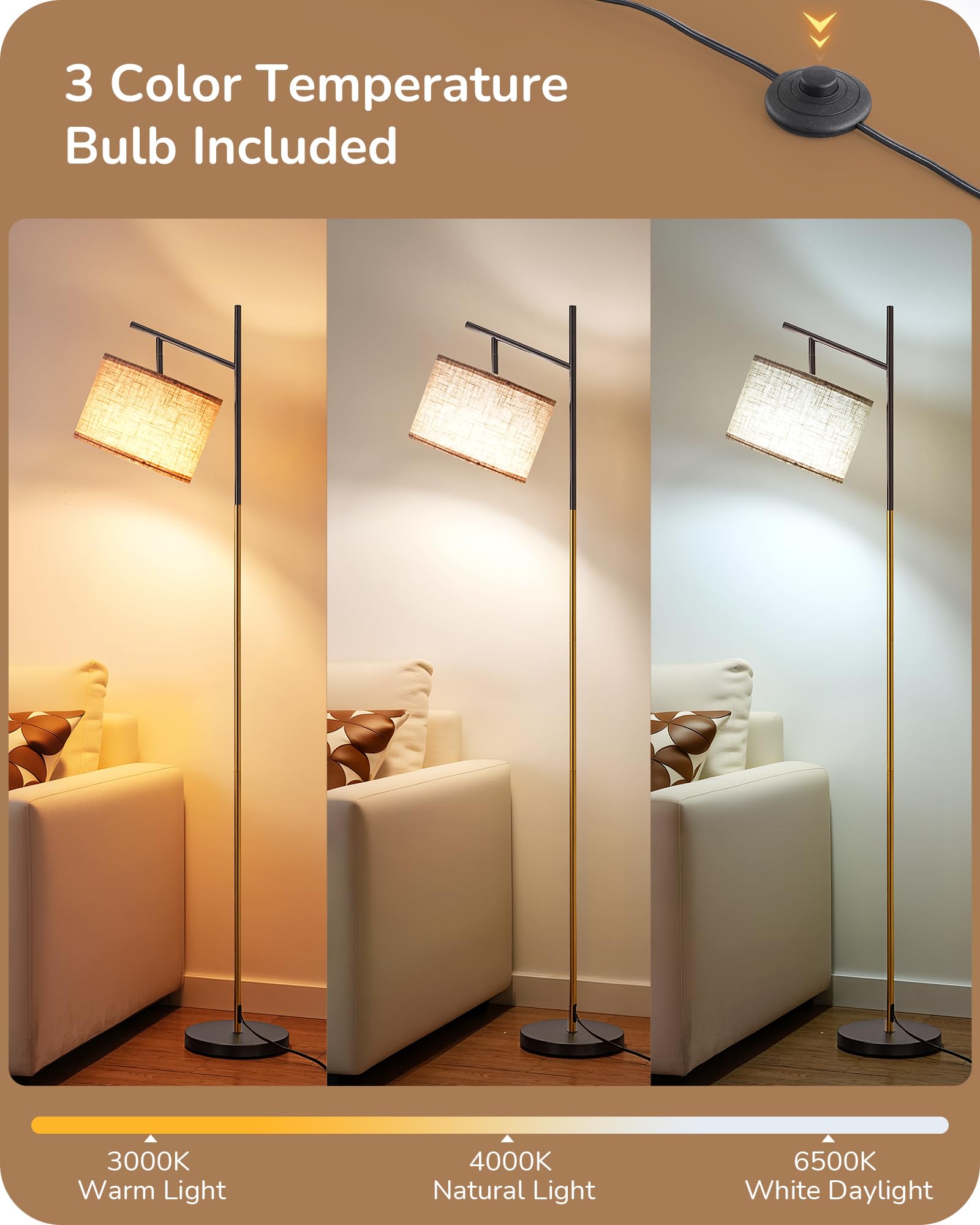 EDISHINE Modern Floor Lamp - 64.7" Minimalist Black-Gold Iron Arc Lamp with Adjustable Shade & 3 Color Temperatures, Foot Pedal Switch
