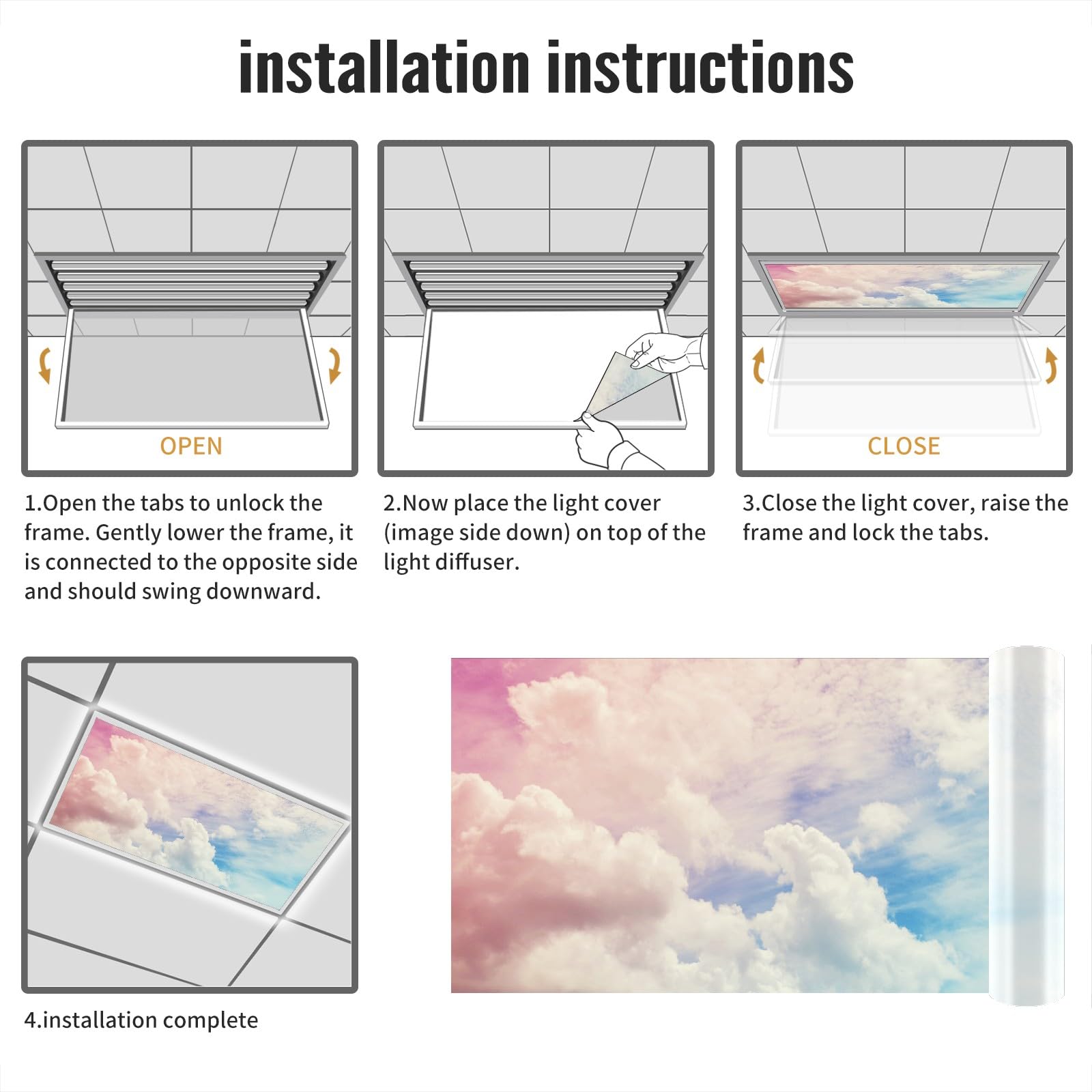 FALE QTUOM Fluorescent Light Cover - 2 Pcs, Pink Cloud, 4x2 Feet, Polymer, for Classroom, Office, Home