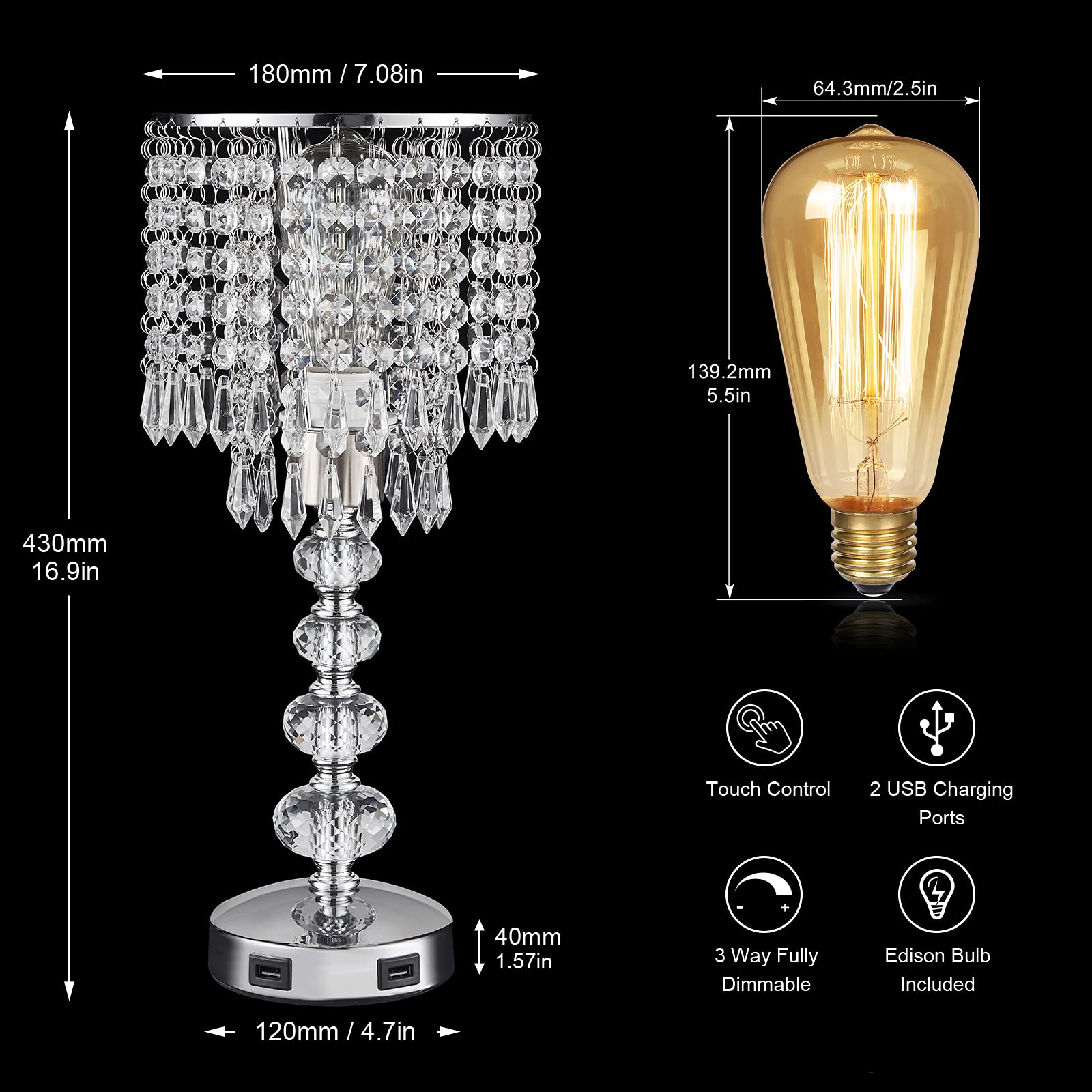 Acaxin Crystal Table Lamp - 3 Way Dimmable Bedside Light with USB Ports, Silver, Medium Size for Bedroom and Living Room