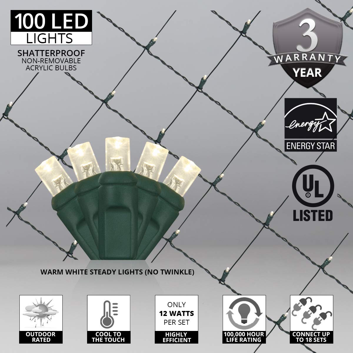 Wintergreen Lighting LED Net Lights Set of 100, Warm White, 4 x 6 ft, 5mm, Green Wire, Model IOS-3-20-5
