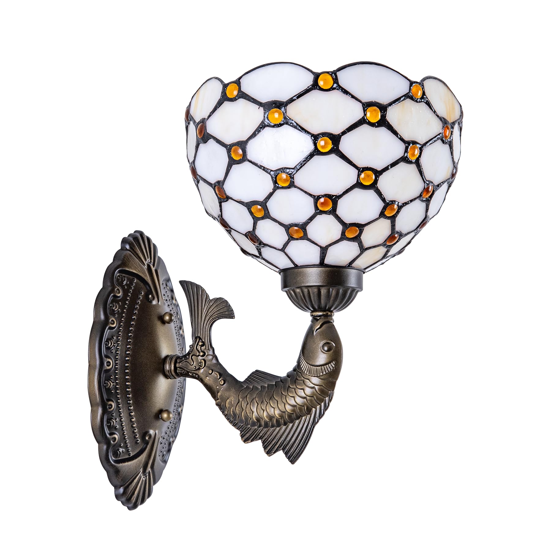 GILGGAK Tiffany Style Wall Sconce White Amber Beads Stained Glass Lamp with 8-inch Lampshade for Bedroom Hallway Living Room Hom