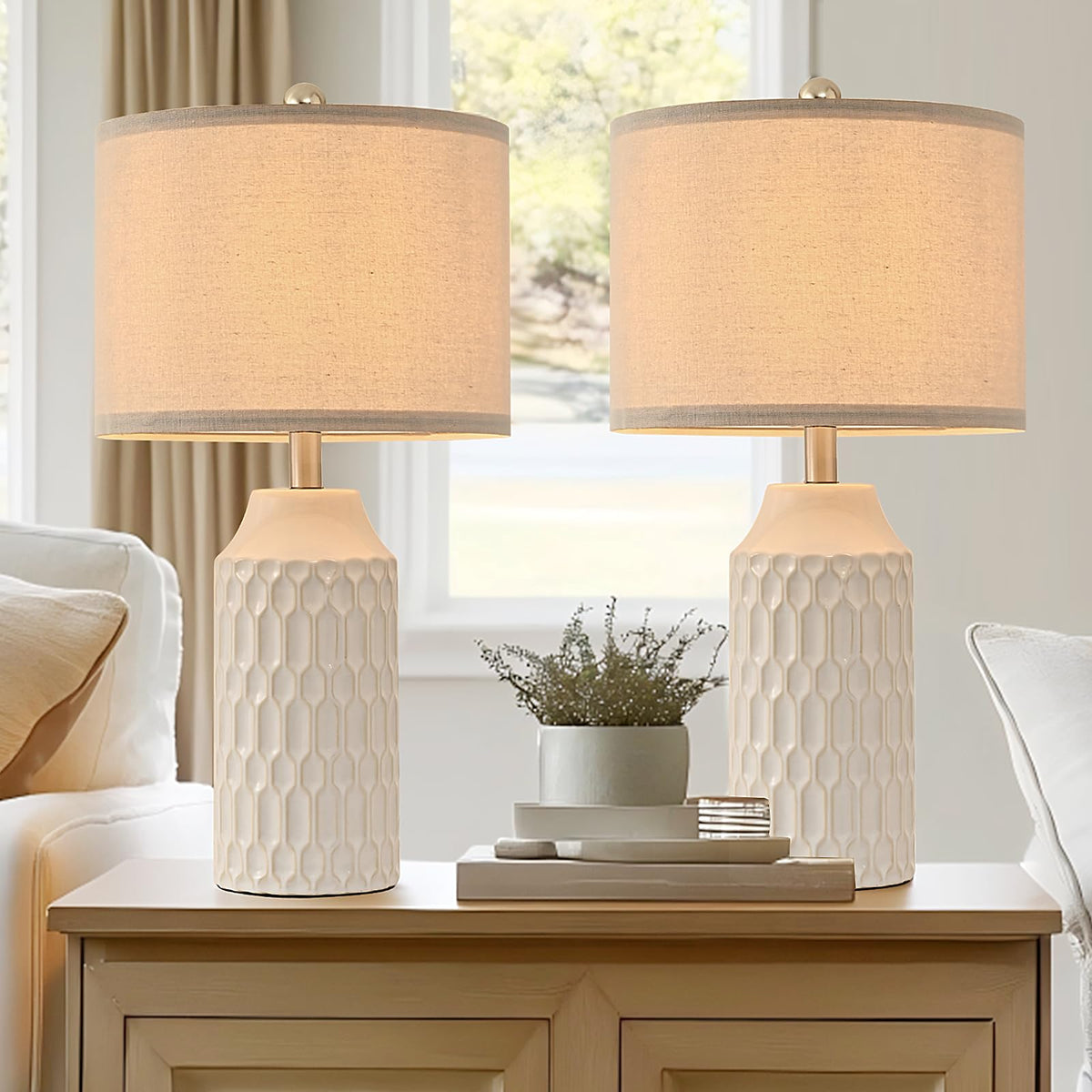 22IN Modern Ceramic Table Lamp Set of 2 White Lamps for Living Room Tall Bedroom Lamp Set Bedside Nightstand Lamps Set of Two Fa