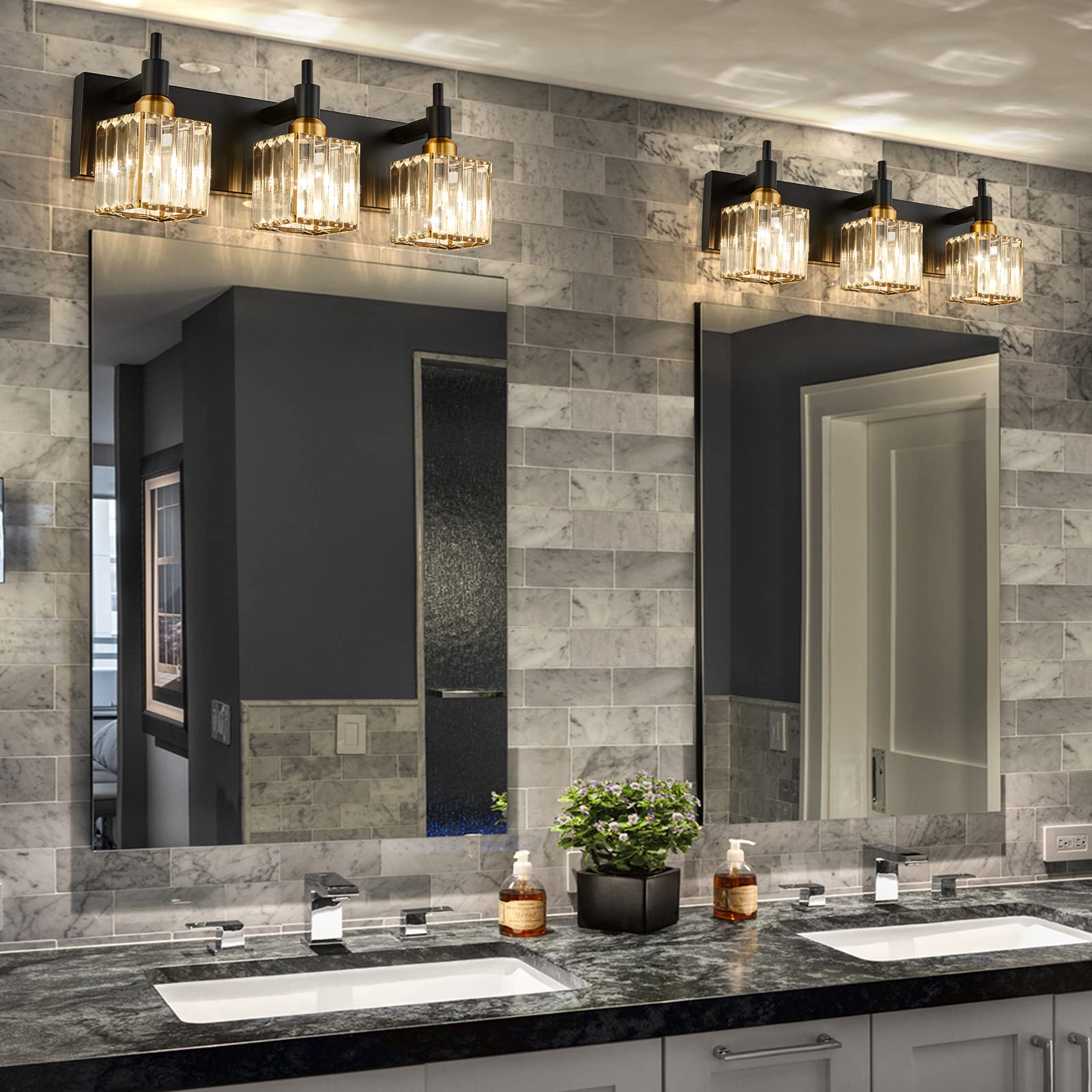 HUOKU Modern Crystal Bathroom Vanity Light 3-Light Wall Fixture, Black Gold, Square Shade, Metal, Model 1ca75a20-9ece-4de6-ad2a-3