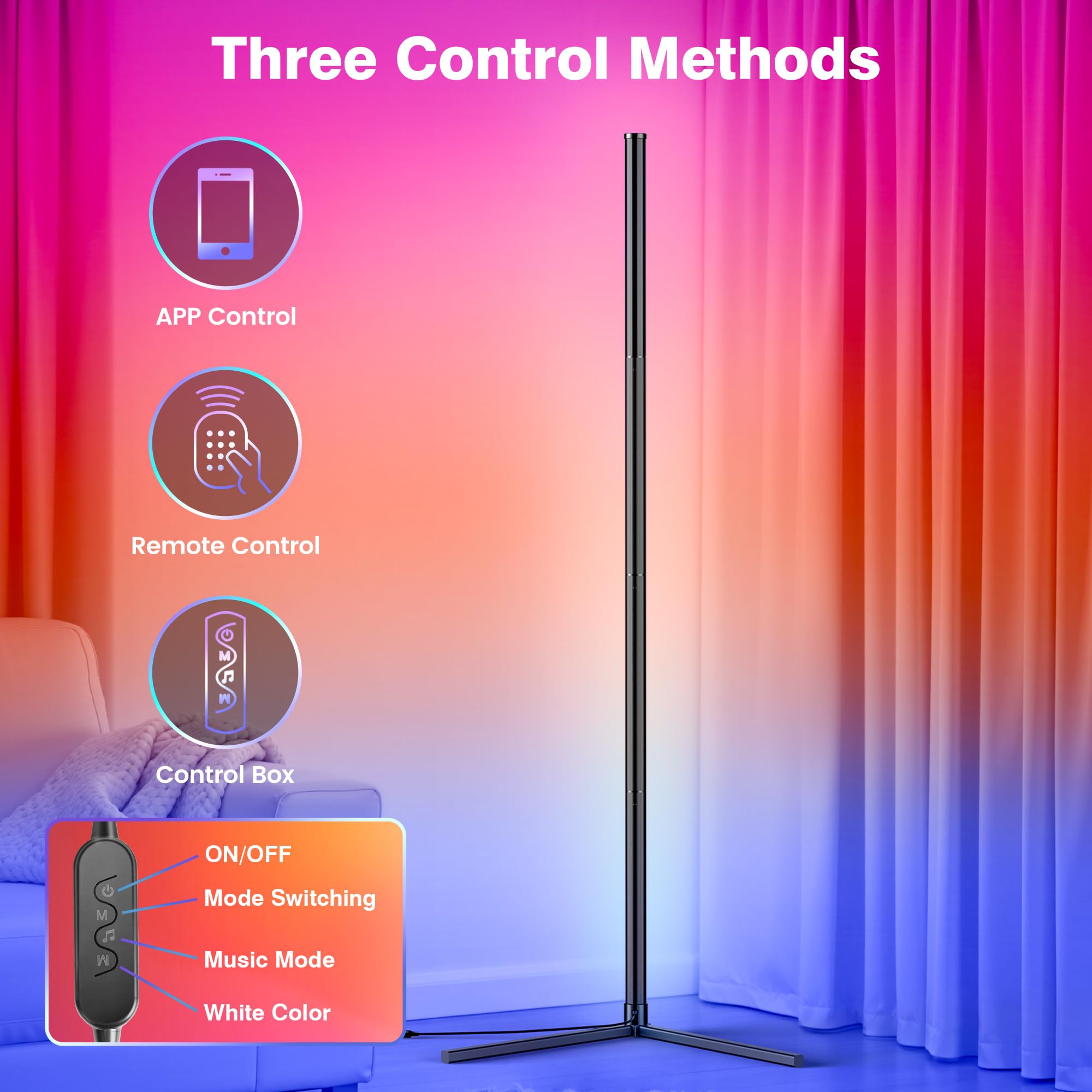 Corner Floor Lamp, Modern Led Corner Lamp With Ac Adapter & App & Remote Control, 16 Million Colors, 68+ Scene Modes, Music Sync