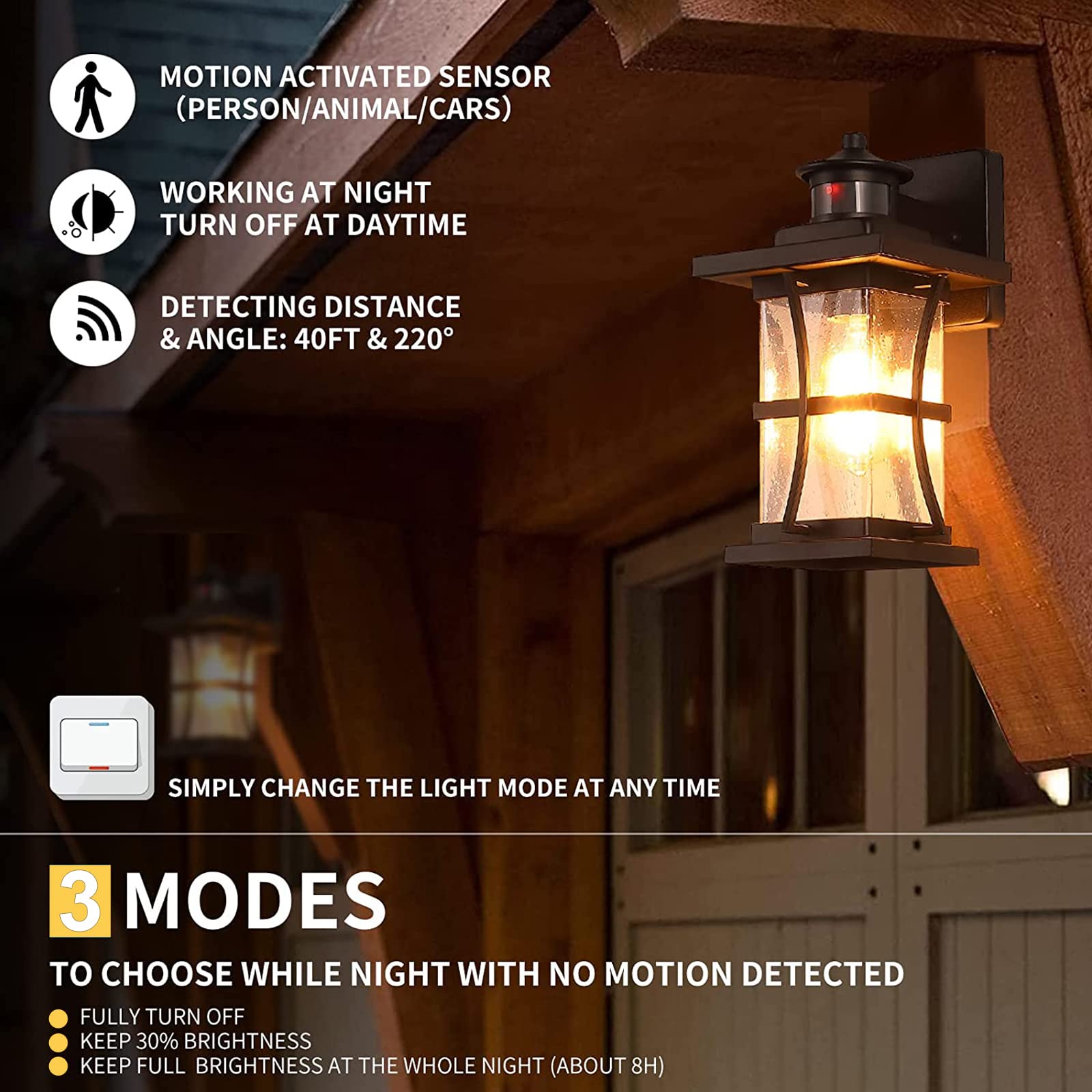 Frelii Motion Sensor Outdoor Wall Lights - 2 Pack, Black Galvanized Metal & Seeded Glass, Waterproof Dusk to Dawn Fixture, Model B06060PG