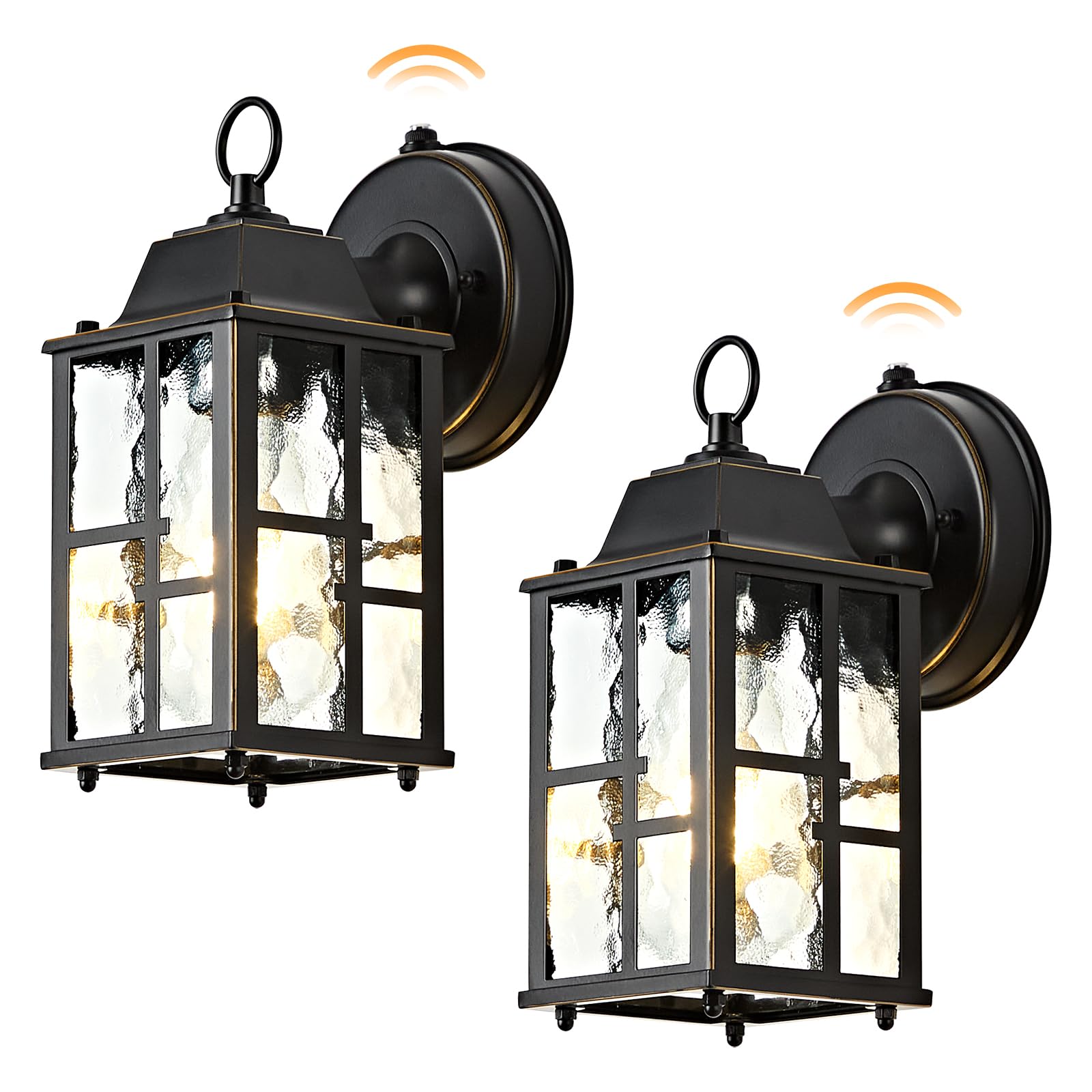 OKELI 2-Pack Dusk to Dawn Outdoor Wall Lights, Aluminum, 9.3", Weatherproof, Black & Gold-Trim, Model OK100-S2P-BG
