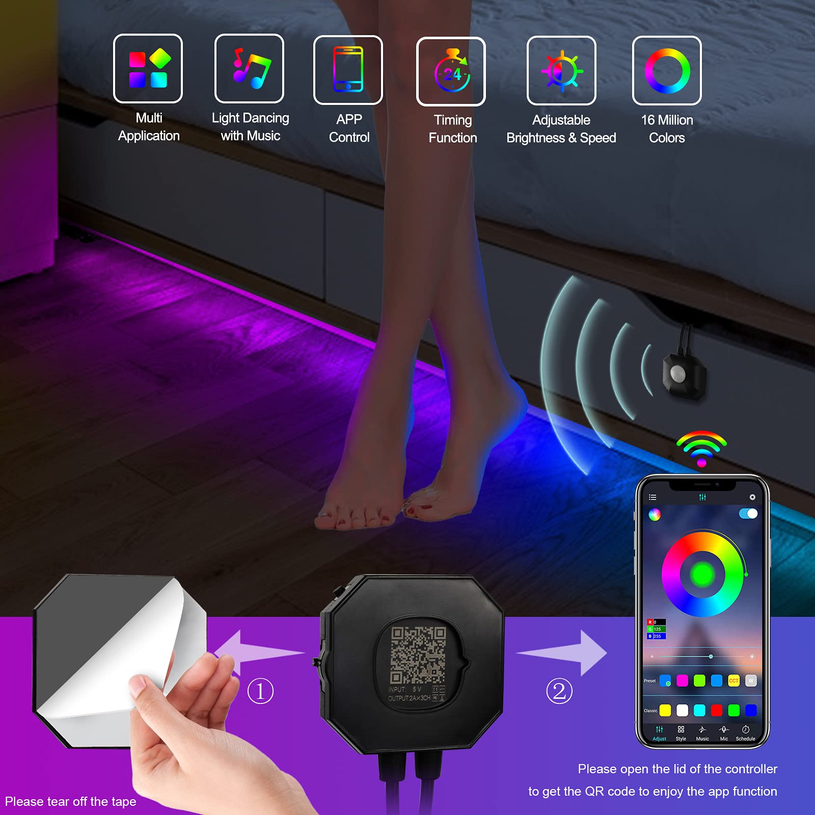 Meiyue Motion Sensor LED Under Bed Lights, 2 Set 9.84ft, App Control, RGB Color Changing, for Bedroom and Stairs