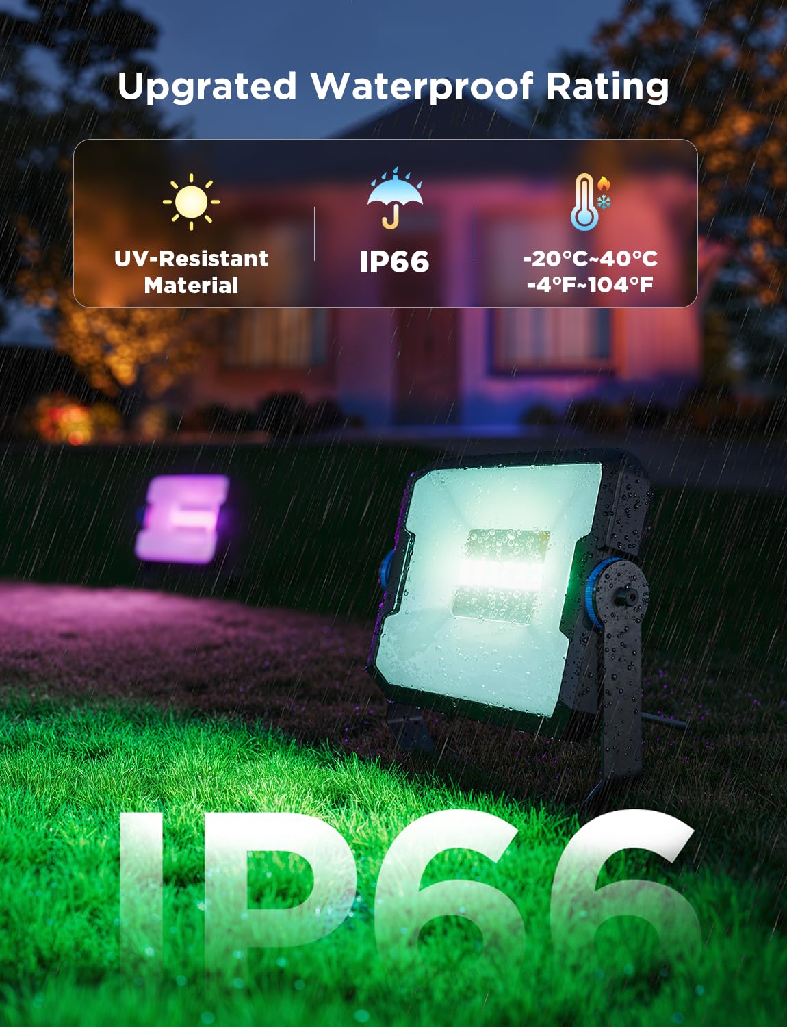 Govee Outdoor Flood Lights, RGBIC Warm Cold White, 50 Scene Modes, 4 Pack, Black, Model H7057, Upgraded IP66, App Control