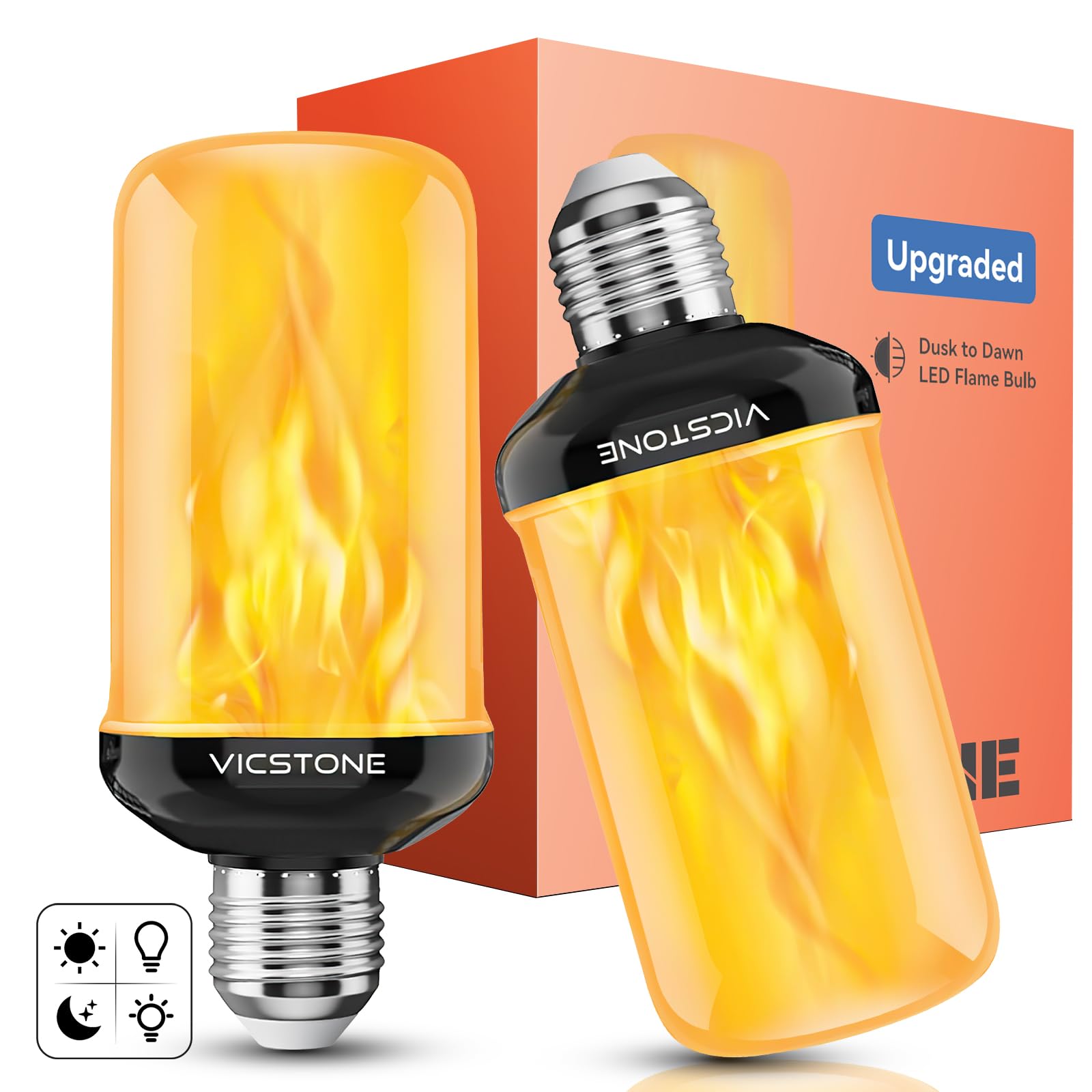 Vicstone Dusk To Dawn Led Flame Light Bulbs Outdoor, 4 Modes Flickering Light Bulbs With Upside Down Effect, E26 Fire Bulb For H