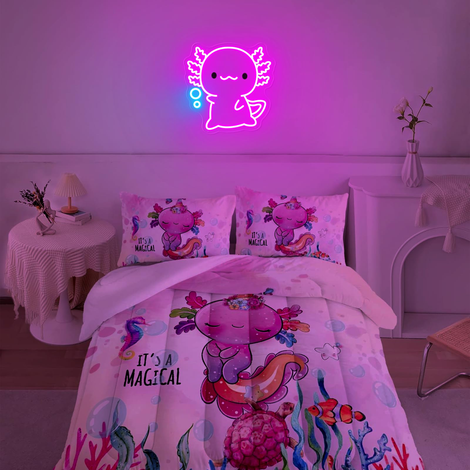 Housignz Axolotl Neon Sign, Dimmable LED Wall Art, 12x11.9 inches, Pink & Ice Blue, Model FTNHD-Axolotl - Perfect for