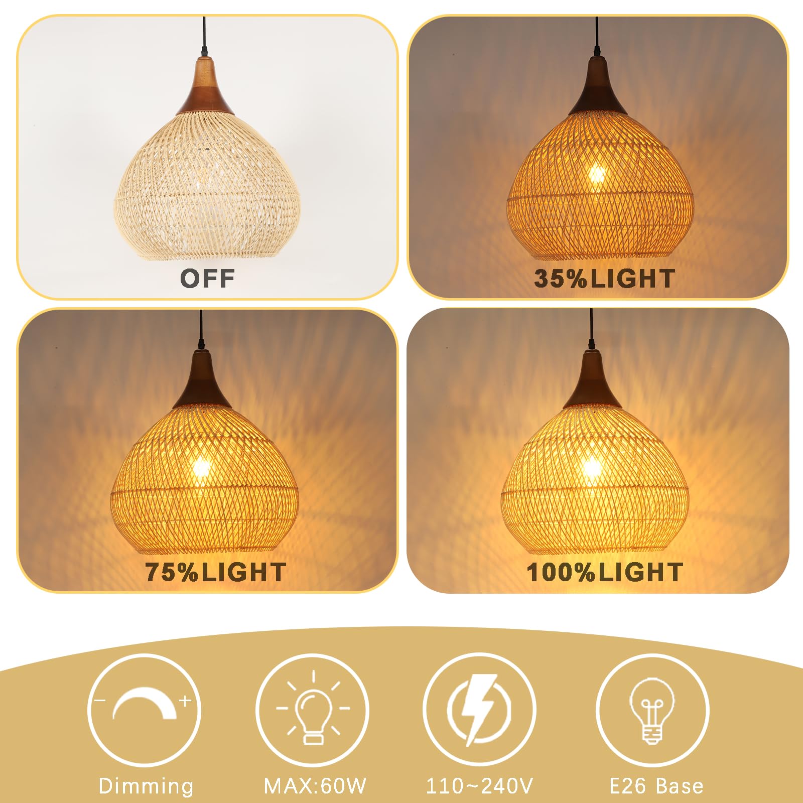Karjearl Rattan Pendant Light, 15.7" Hand-Woven Chandelier, Wood Raindrop Light, Model LT30-RA-1P for Dining Room, Kitchen, Living