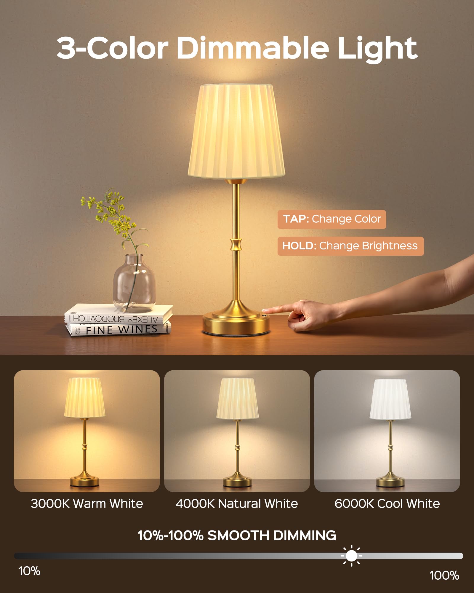 Jackyled Portables Cordless Table Lamp  3 Color Light Fabric Shade Vintage Gold Desk Lamp  5400Mah Led Rechargeable Table Lamp  Dimmable Light For Dining Room  Bedroom Bedside  Entryway Decor  2 Pack
