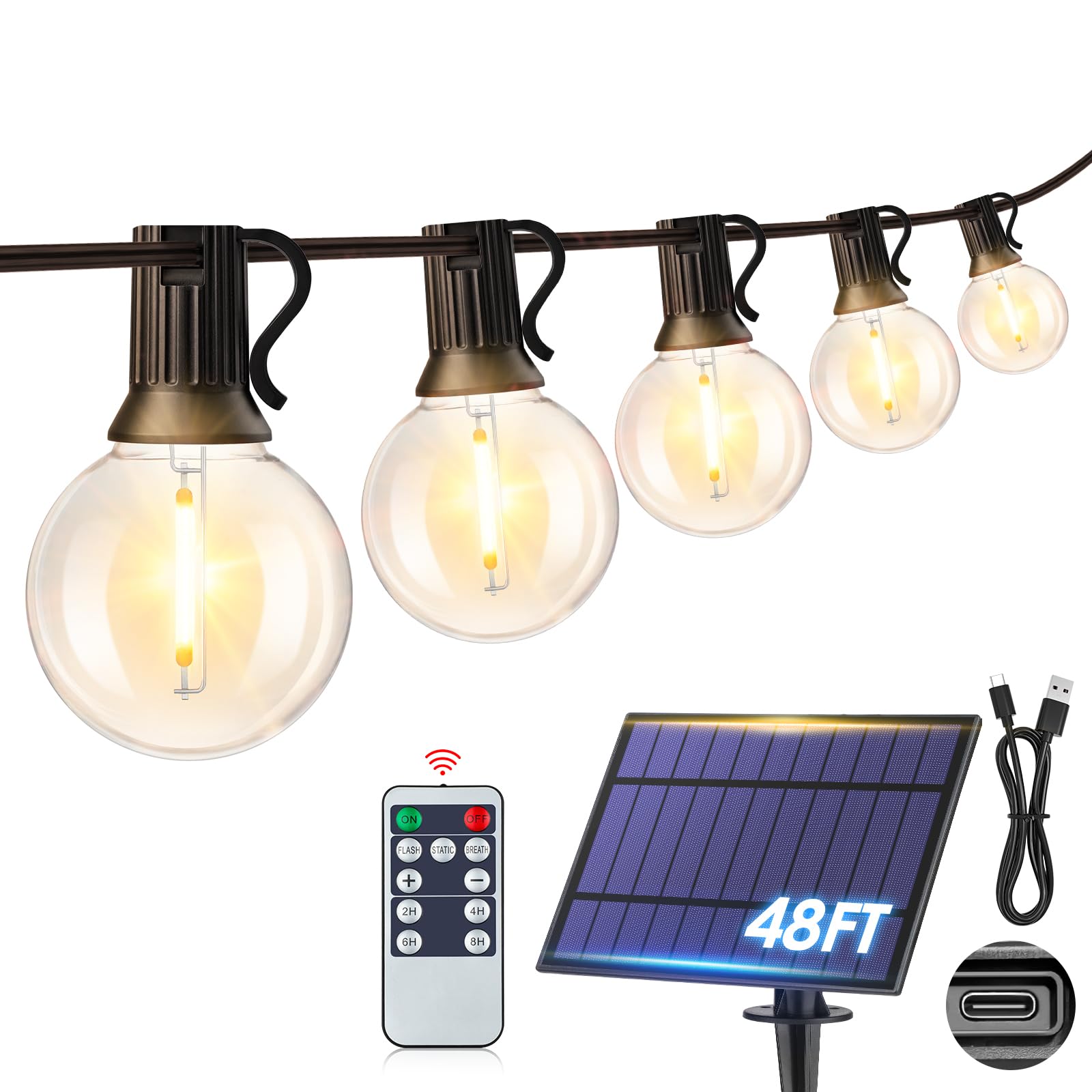 Mlambert 48FT Solar String Lights  Outdoor Waterproof Patio Lights with 15 Shatterproof G40 Bulbs(1 Spare)  Led Light for Backyard-Black Wire