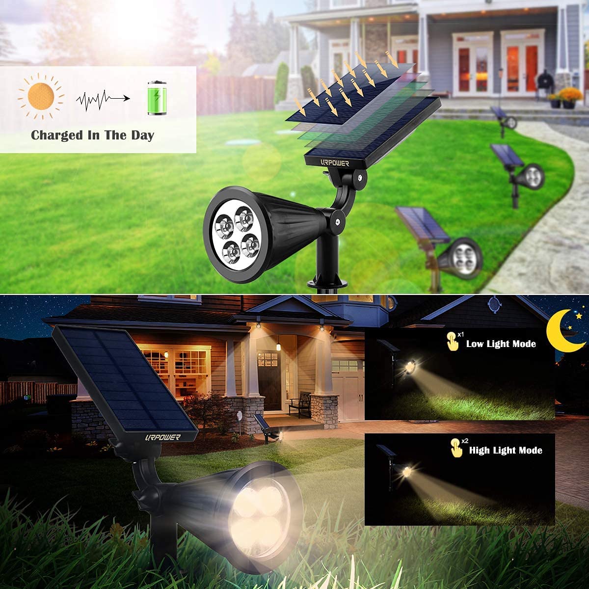 URPOWER Solar Spotlight Outdoor Lighting, 2-in-1 Adjustable, Auto On/Off, Durable Plastic, 4 Pack, Warm White, Model SL10x4