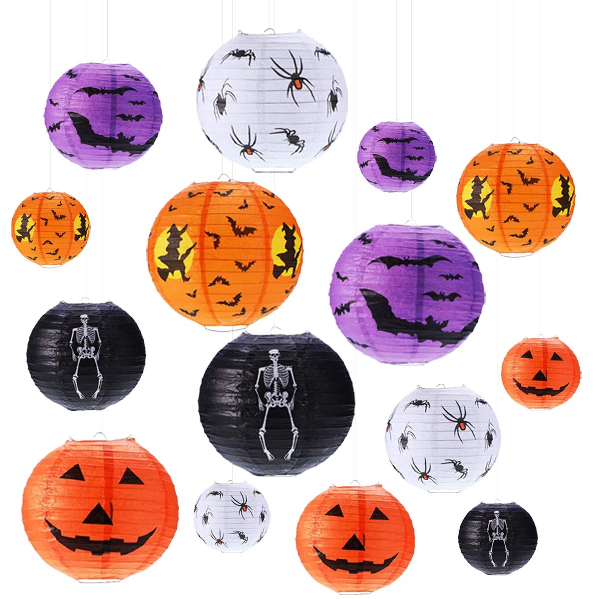 15 Pcs Halloween Pumpkin Paper Lantern Jack-O-Lantern, Spider Bat Skeleton Pumpkin Lanterns For Halloween Party Weddings Garden Bedroom Bar Indoor Outdoor Decoration, 3 Sizes