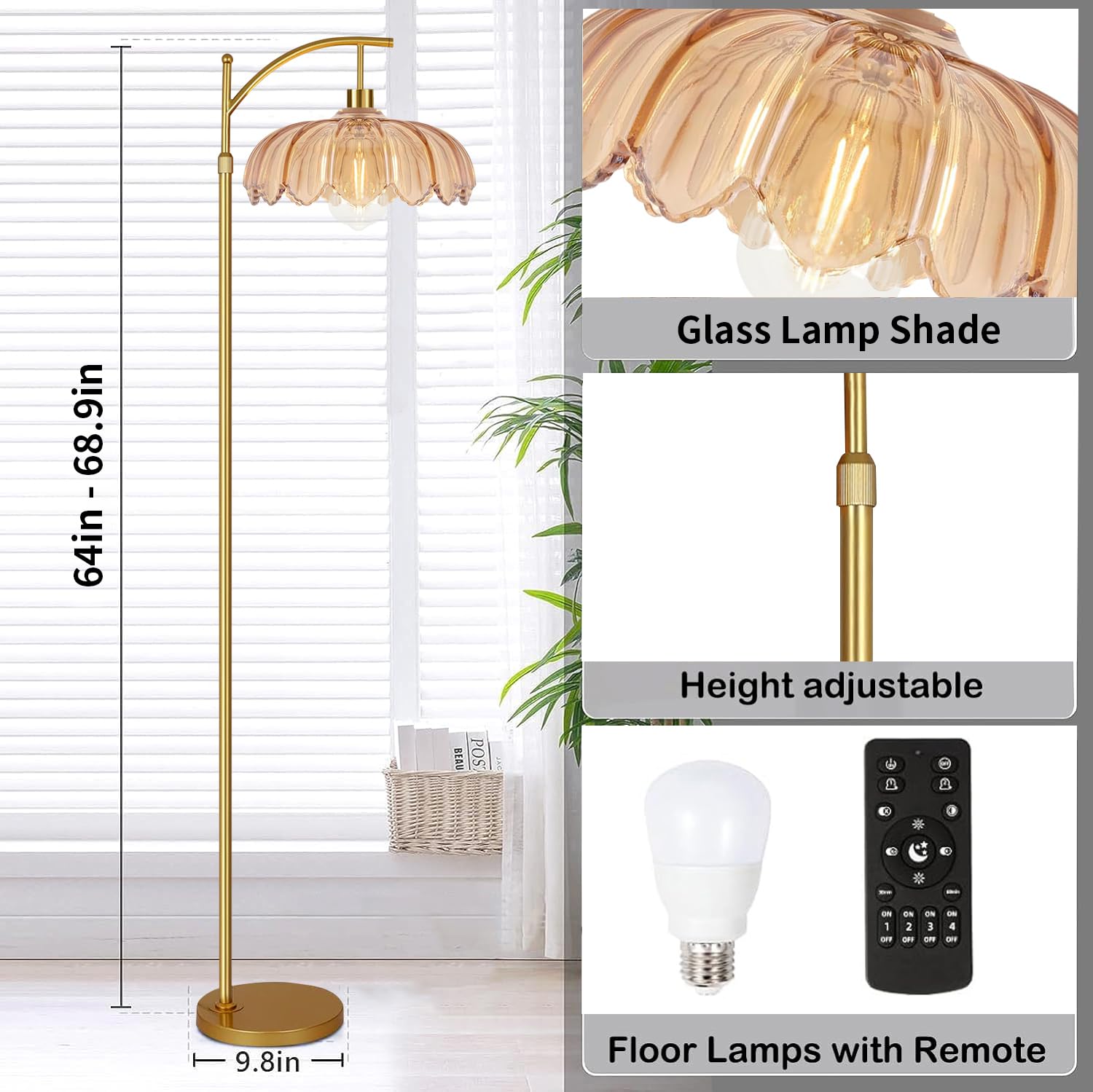 QIYIZM Gold Floor Lamp, Dimmable Standing Lamp with Remote, Mid Century Modern Design, Glass & Brass, 18" Tall, Vintage Green Glass