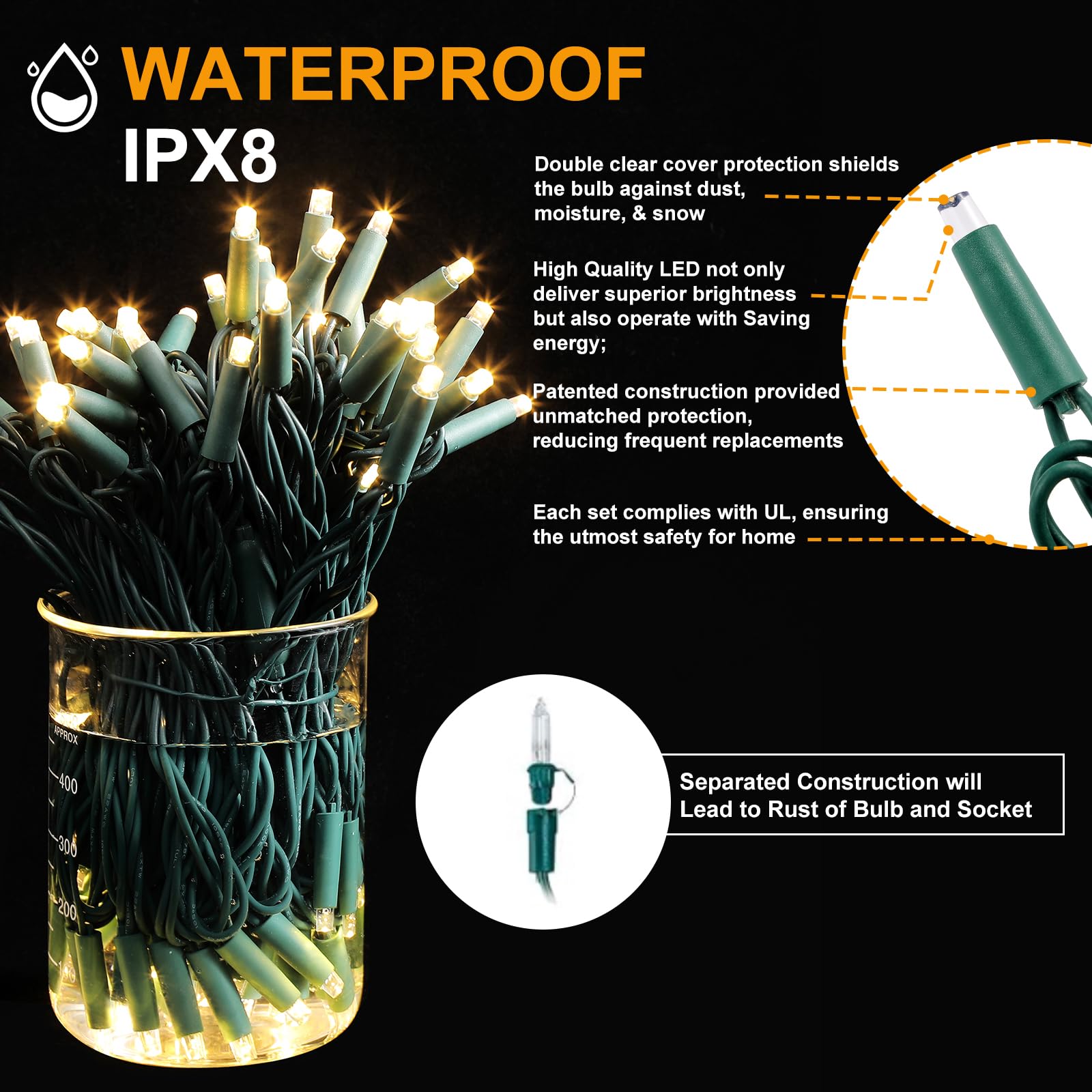 Broulove Christmas Lights Outdoor 50 Count, 25 Ft Christmas Lights Outdoor Indoor, Commercial Grade, Heavy Duty Green Wire, Pure White Light, 6 Inches Spacing