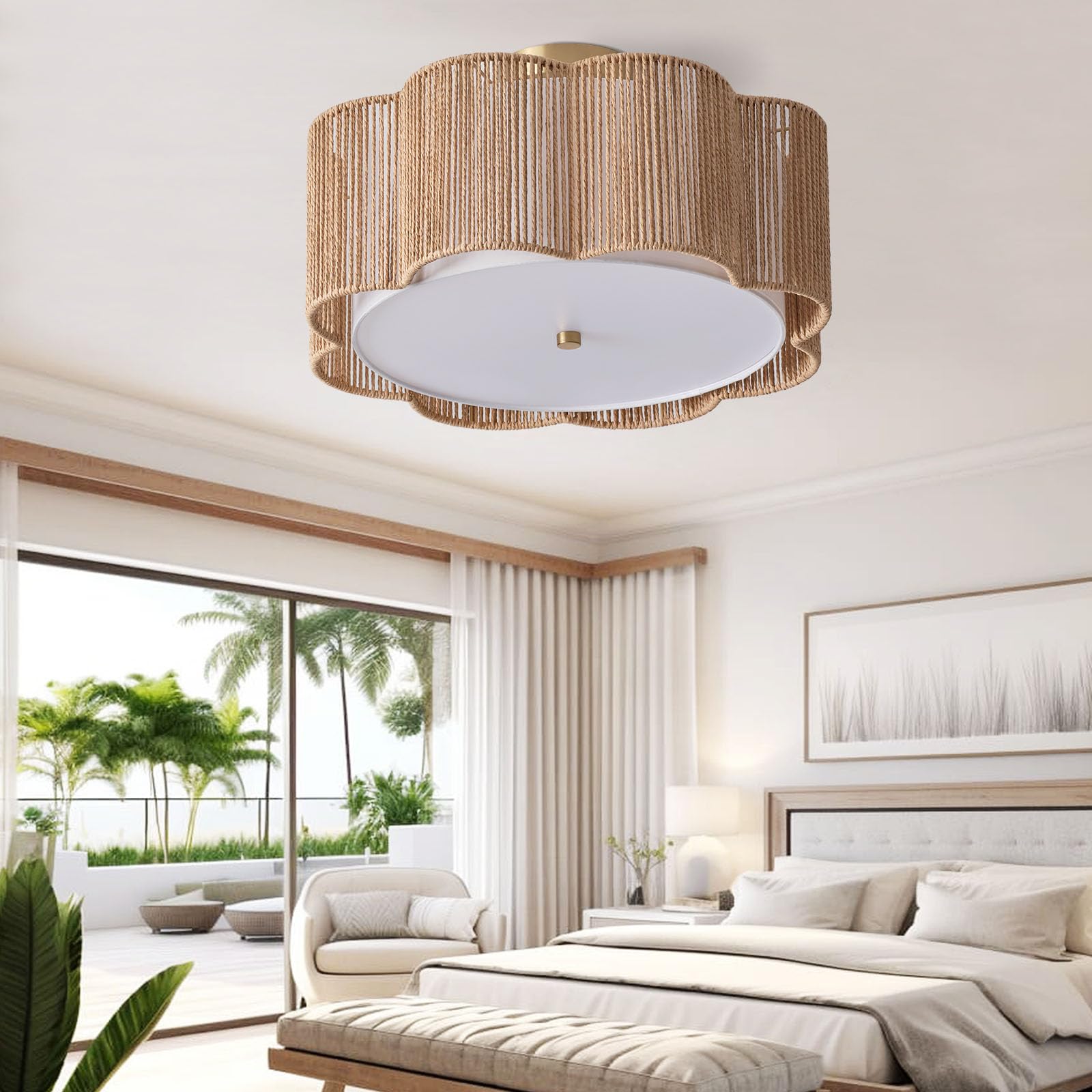 Giutna 17.7" Rattan Flush Mount Ceiling Light, 3-Light Boho Fixture, Yellow Drum Chandelier for Dining Room, Kitchen, Hallway