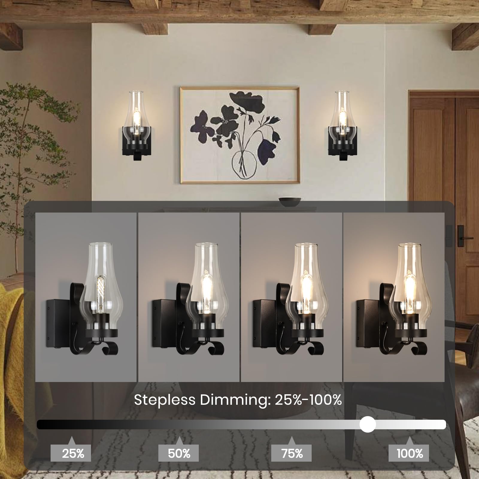 EIDEARAY Battery Operated Rustic Wall Sconces Set of 2, Antique Kerosene Lamps with Remote Control, Black, Model WL-CTGD-D2
