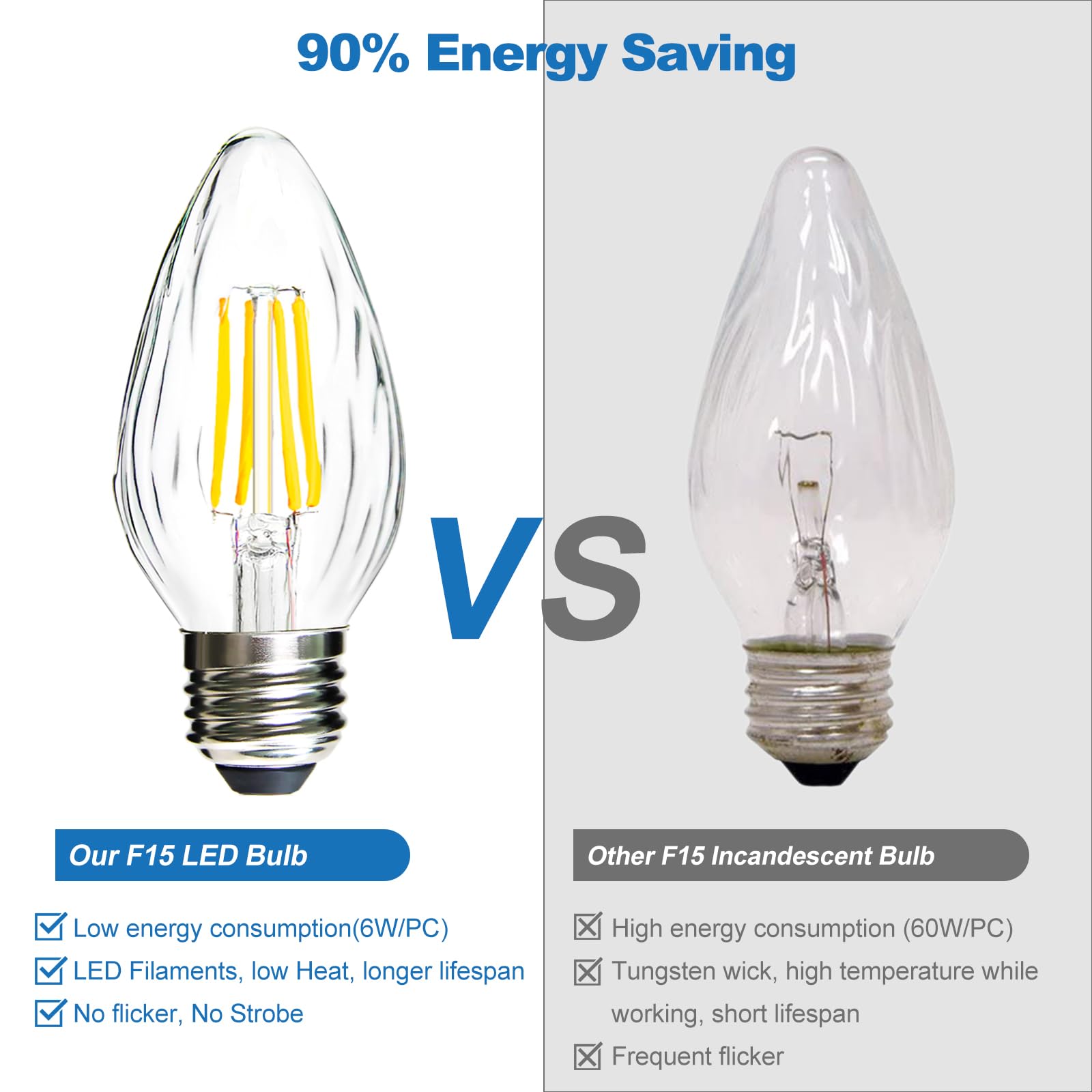 Langplus+ Led Edison Bulbs, Dimmable, F15 Porch Light Bulbs, E26 Base, 6W, Equivalent 60W, 2700K Warm White, Flame Wrinkle Glass