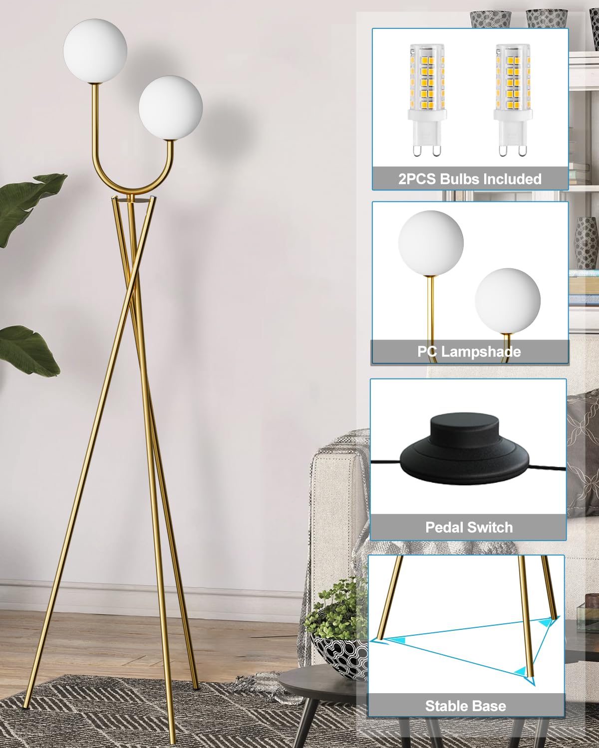 Lightdot Gold Floor Lamp Mid Century Tripod Floor Lamp With U-Stylish 2-Lights With 2Pcs 3000K G9 Bulbs Tripod Standing Lamps Wi