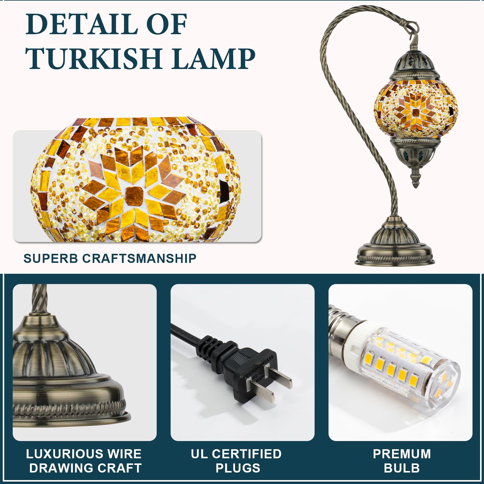 Marrakech Mosaic Glass Table Lamp - Handmade Turkish Design with Swan Neck Bronze Base, LED Bulb, Mosaic Yellow